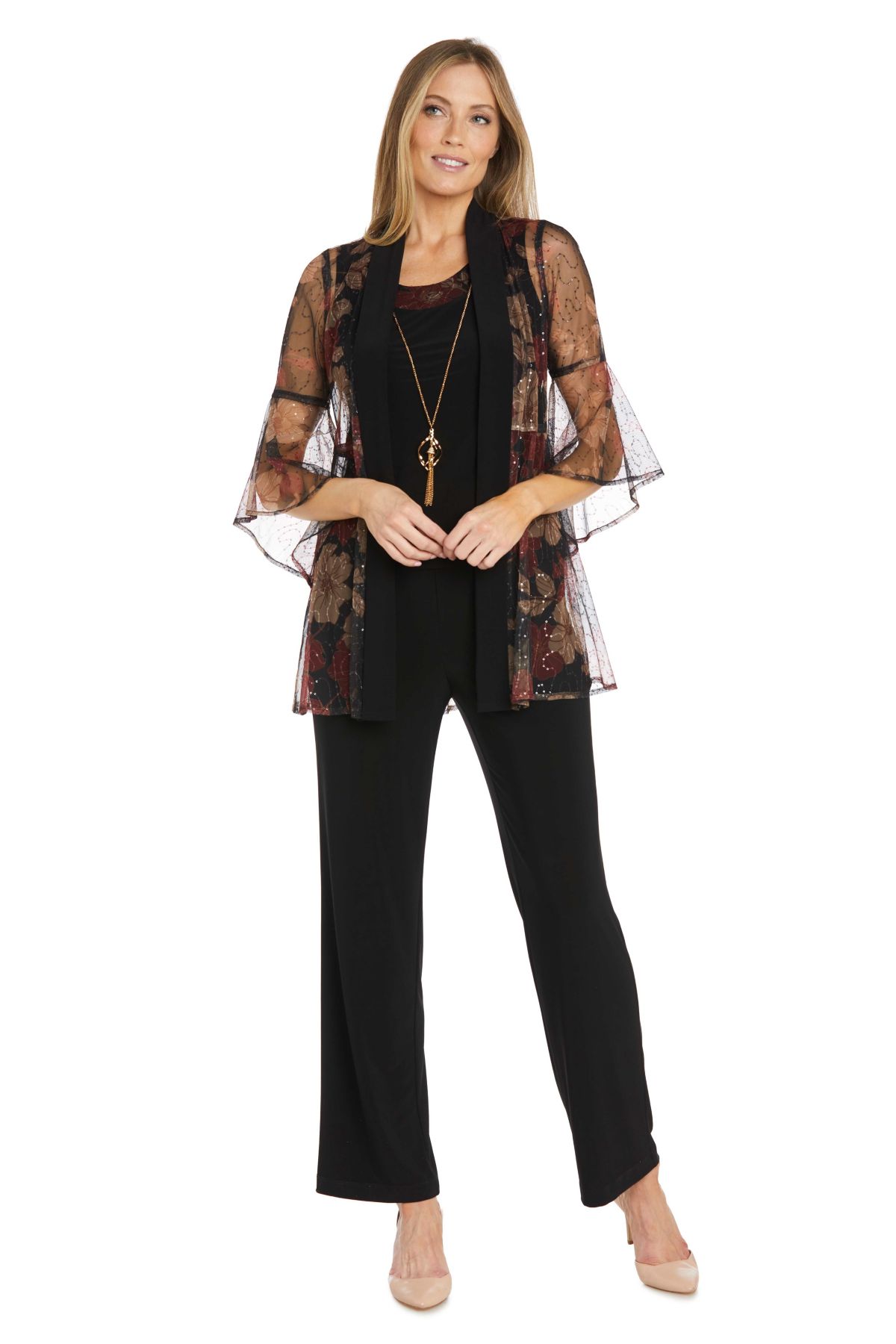 Missy 2Pc Pantsuit with Sheer Printed Jacket with Bell Sleeve and Necklace