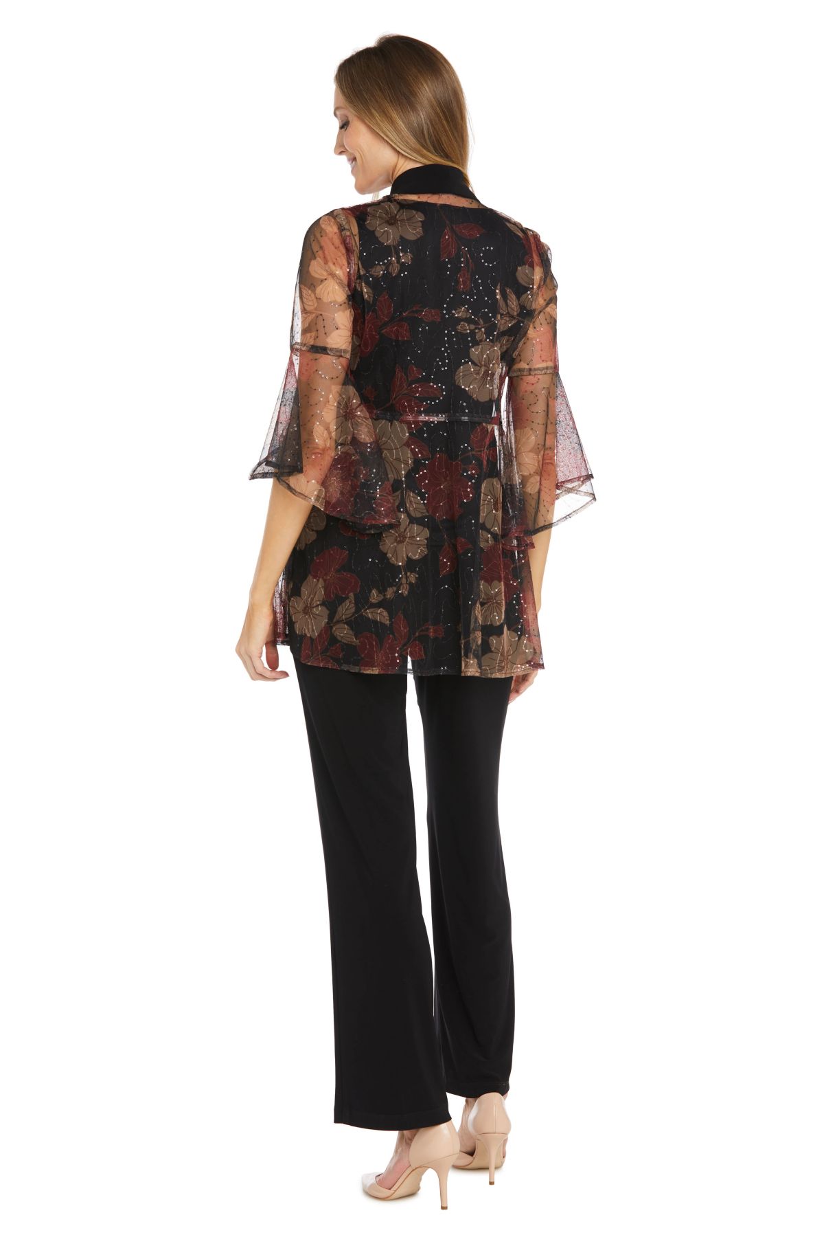 Missy 2Pc Pantsuit with Sheer Printed Jacket with Bell Sleeve and Necklace