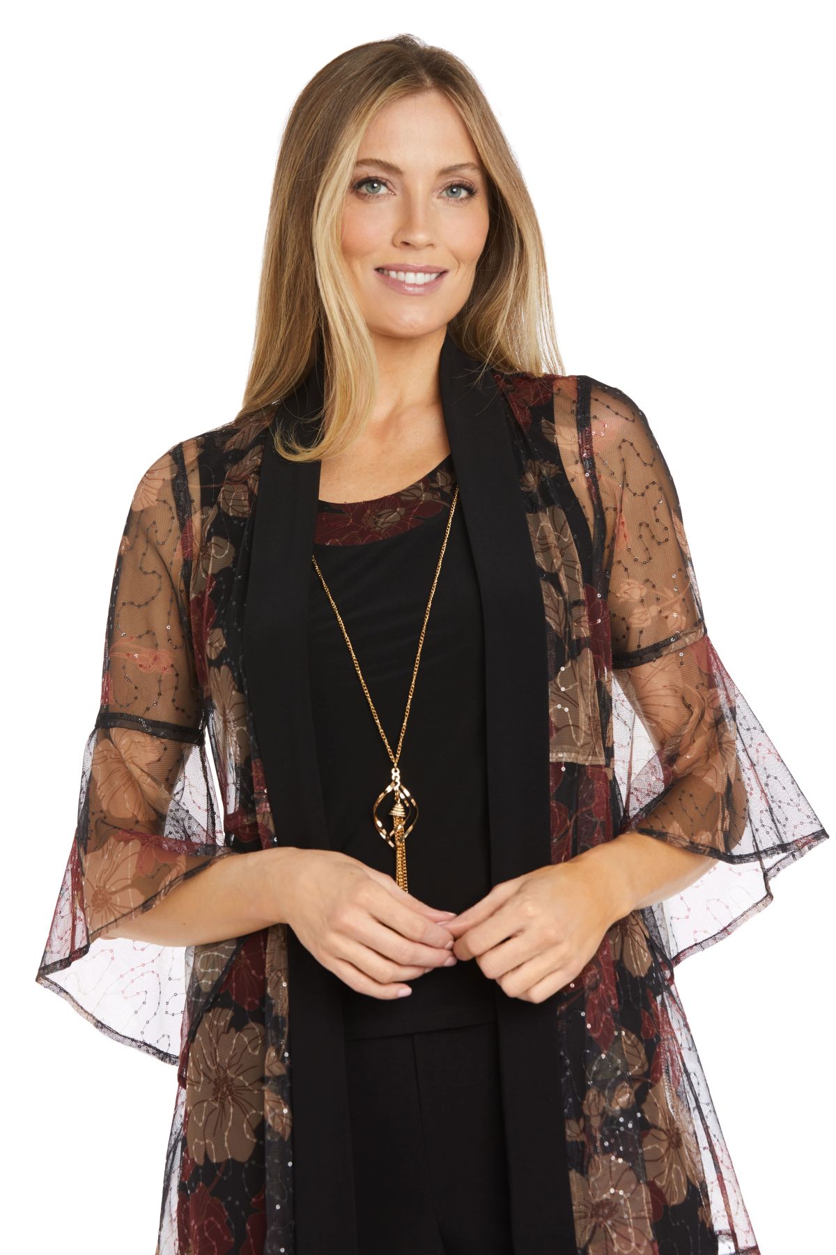 Missy 2Pc Pantsuit with Sheer Printed Jacket with Bell Sleeve and Necklace