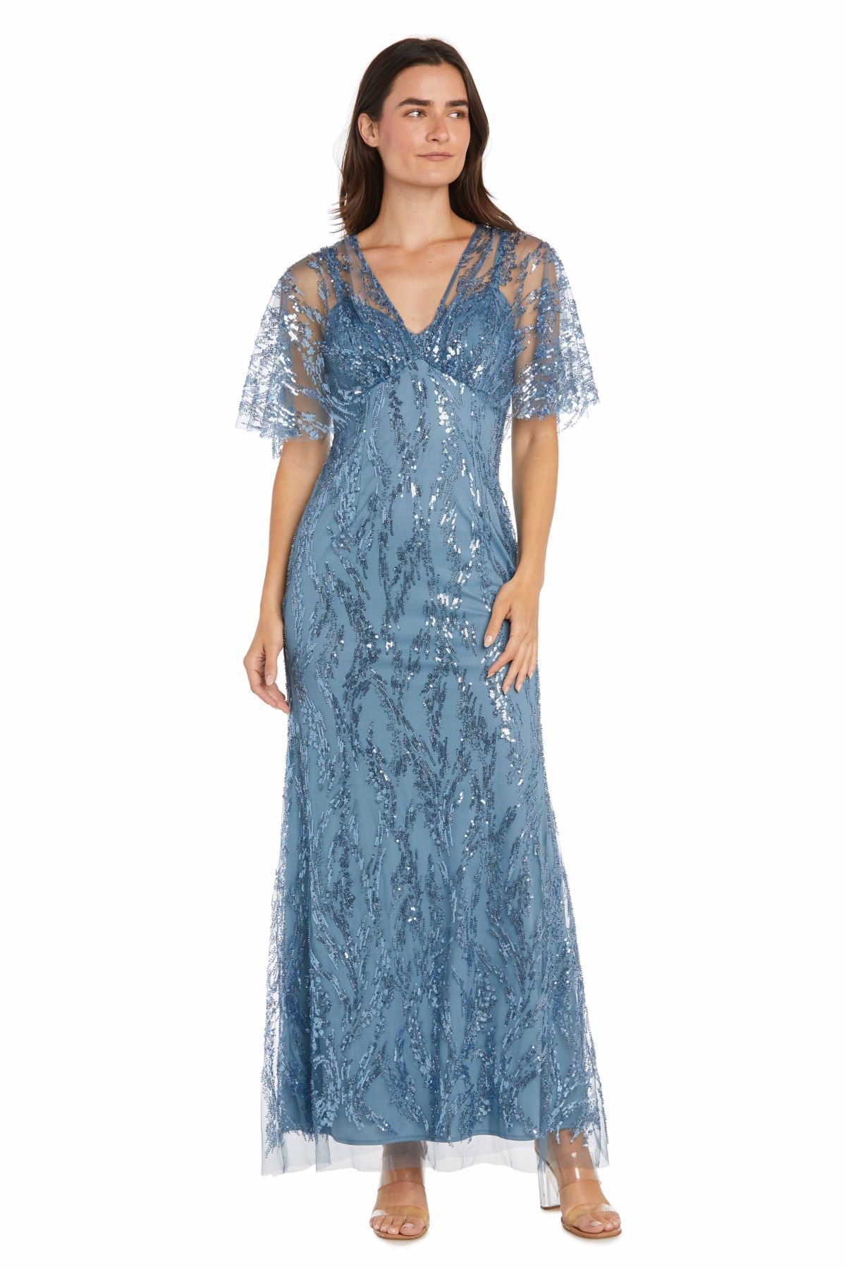 Long Sequin Beaded Dress With Aline Skirt With Sheer Capelet Bodice And Flutter Sleeve