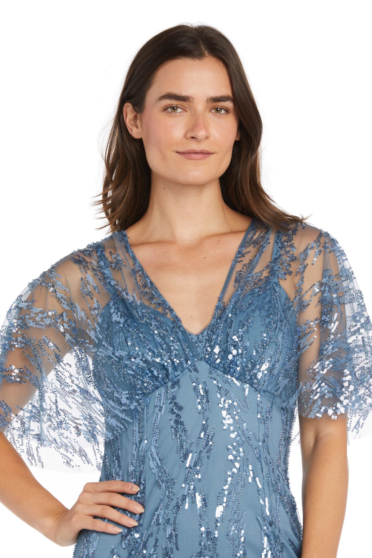 Long Sequin Beaded Dress With Aline Skirt With Sheer Capelet Bodice And Flutter Sleeve