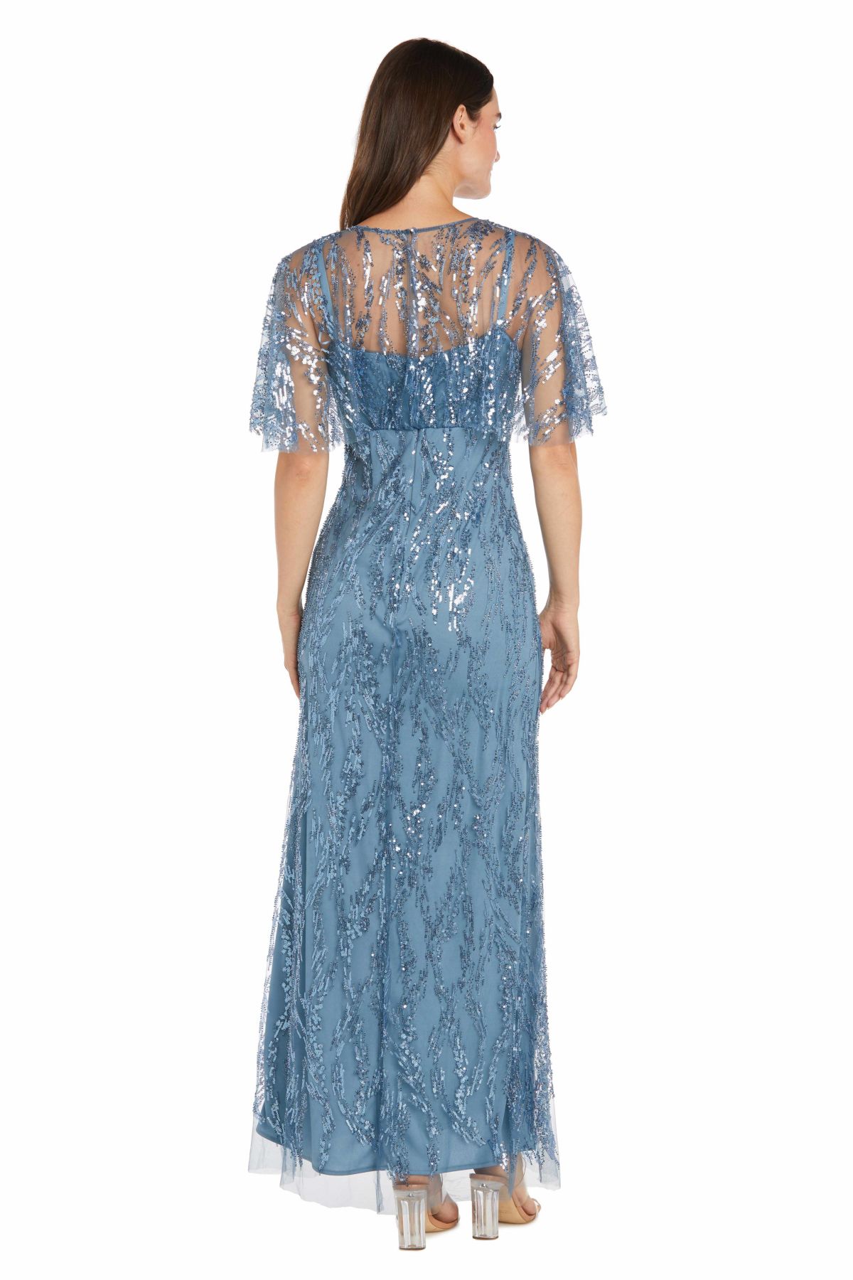 Long Sequin Beaded Dress With Aline Skirt With Sheer Capelet Bodice And Flutter Sleeve