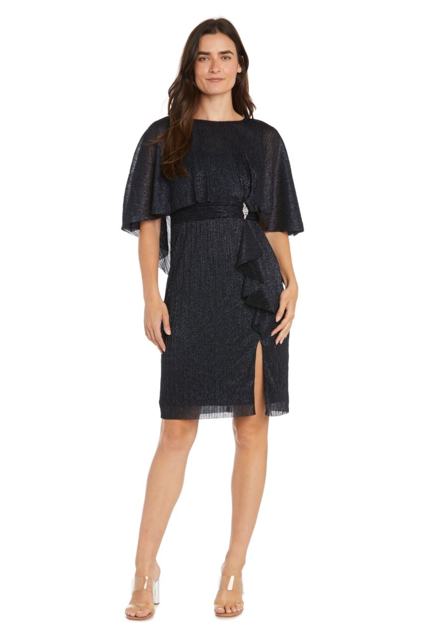 Short Crystal Pleated Dress with Capelet and Side Ruffle Cascade with Brooch