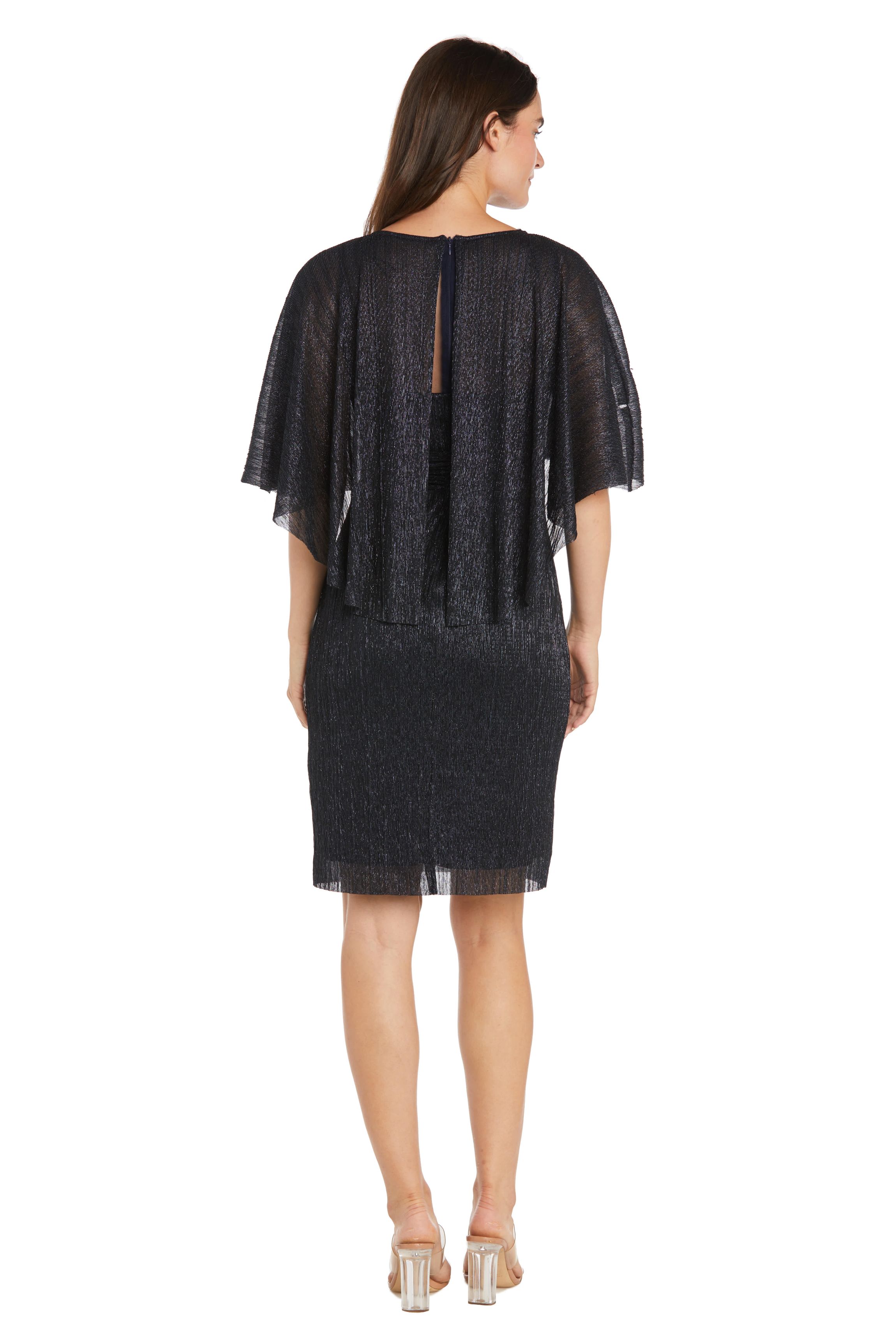 Short Crystal Pleated Dress with Capelet and Side Ruffle Cascade with Brooch