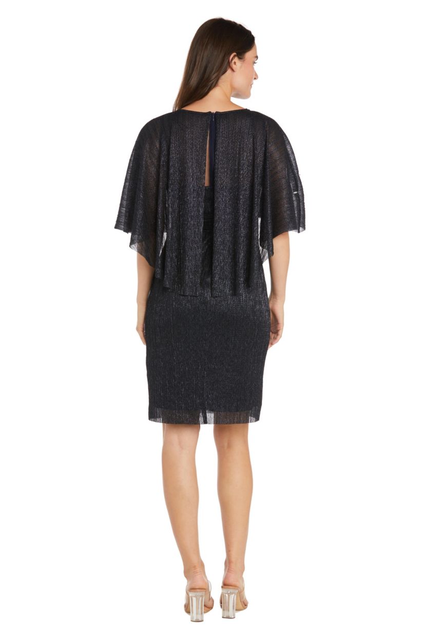 Short Crystal Pleated Dress with Capelet and Side Ruffle Cascade with Brooch
