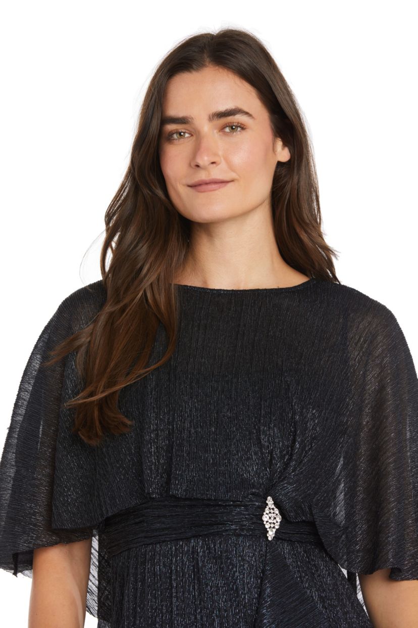 Short Crystal Pleated Dress with Capelet and Side Ruffle Cascade with Brooch