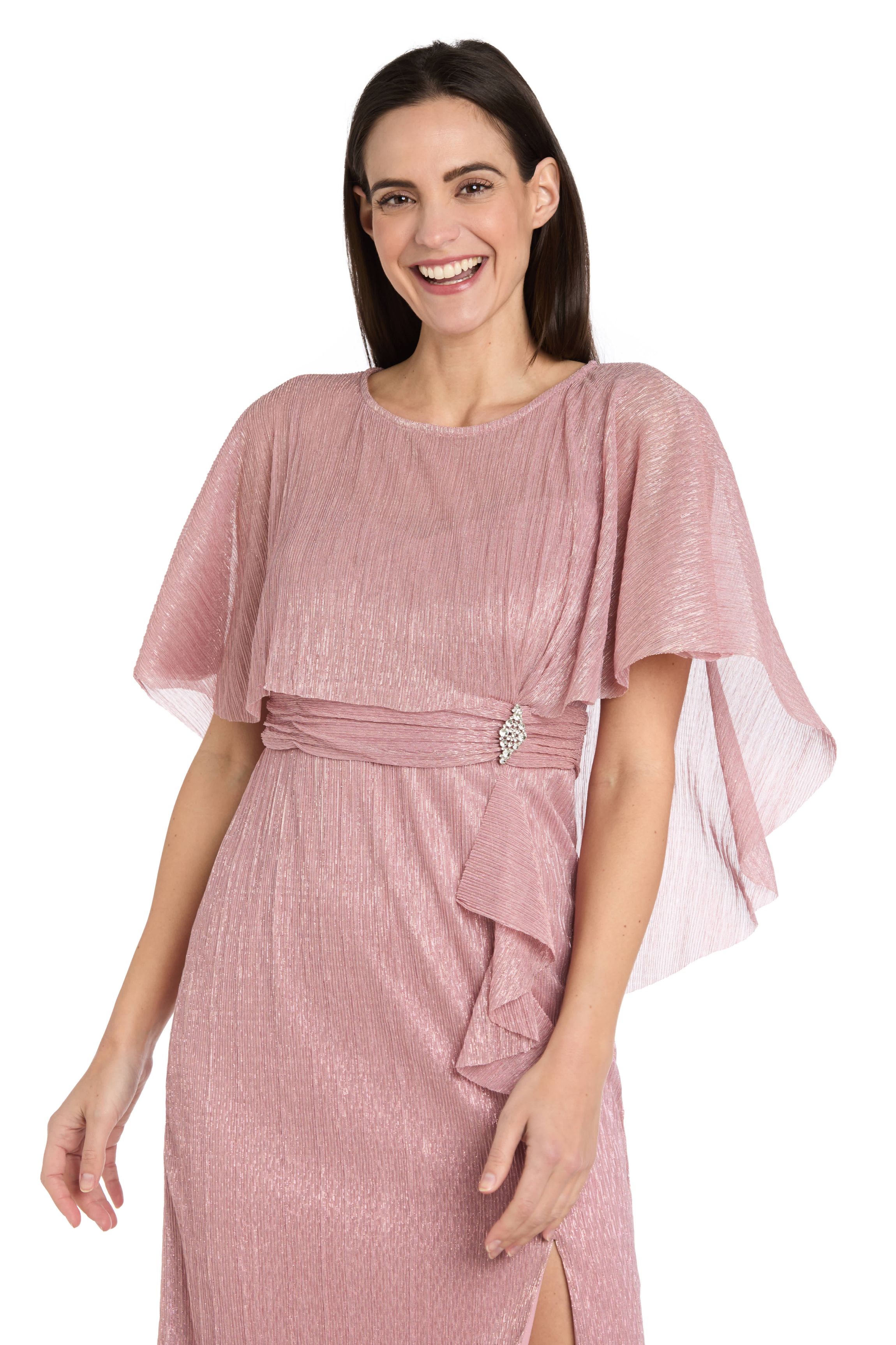 Short Crystal Pleated Dress With Capelet and Side Ruffle