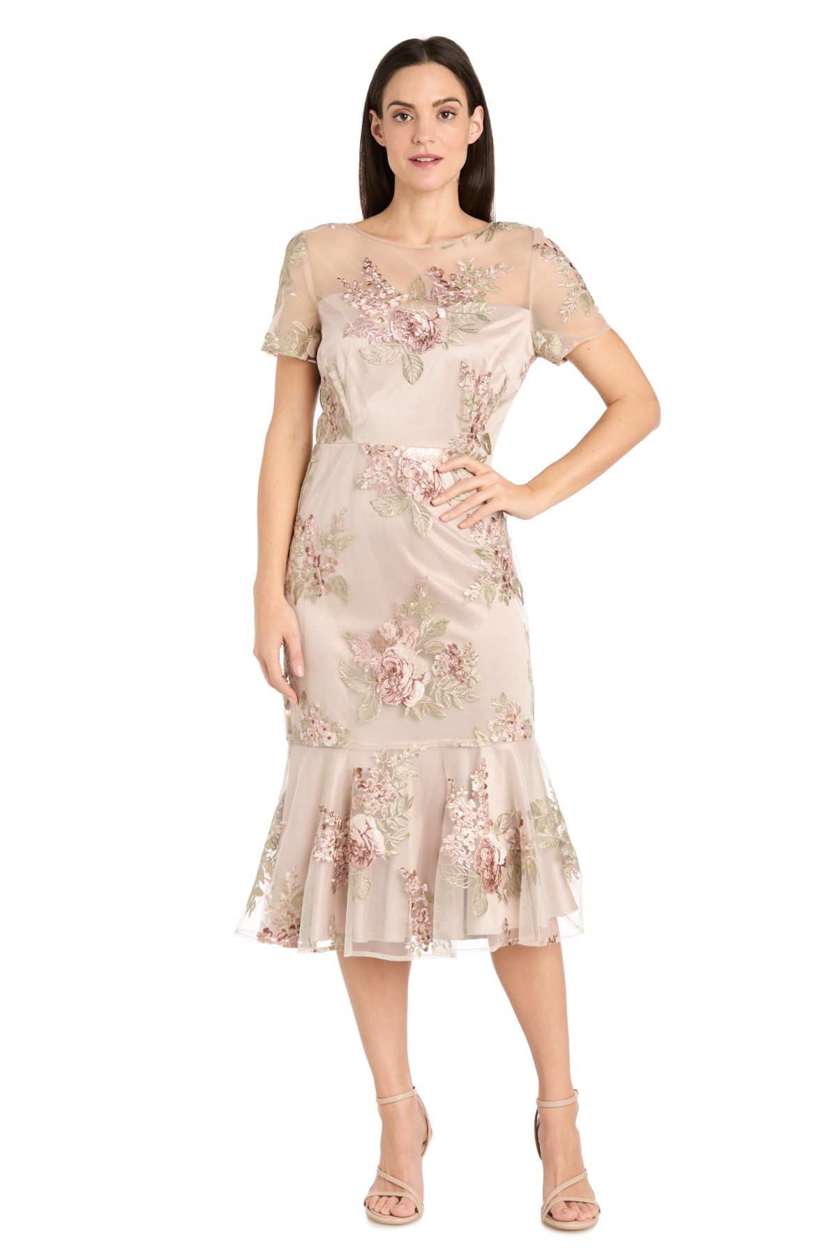 Midi Short Sleeve Floral Embroidered Mesh Dress