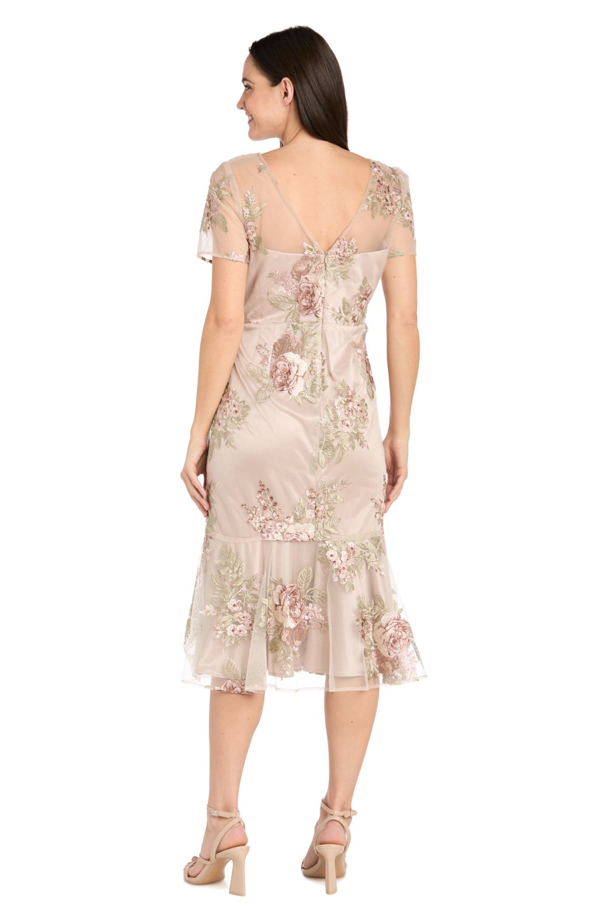 Midi Short Sleeve Floral Embroidered Mesh Dress