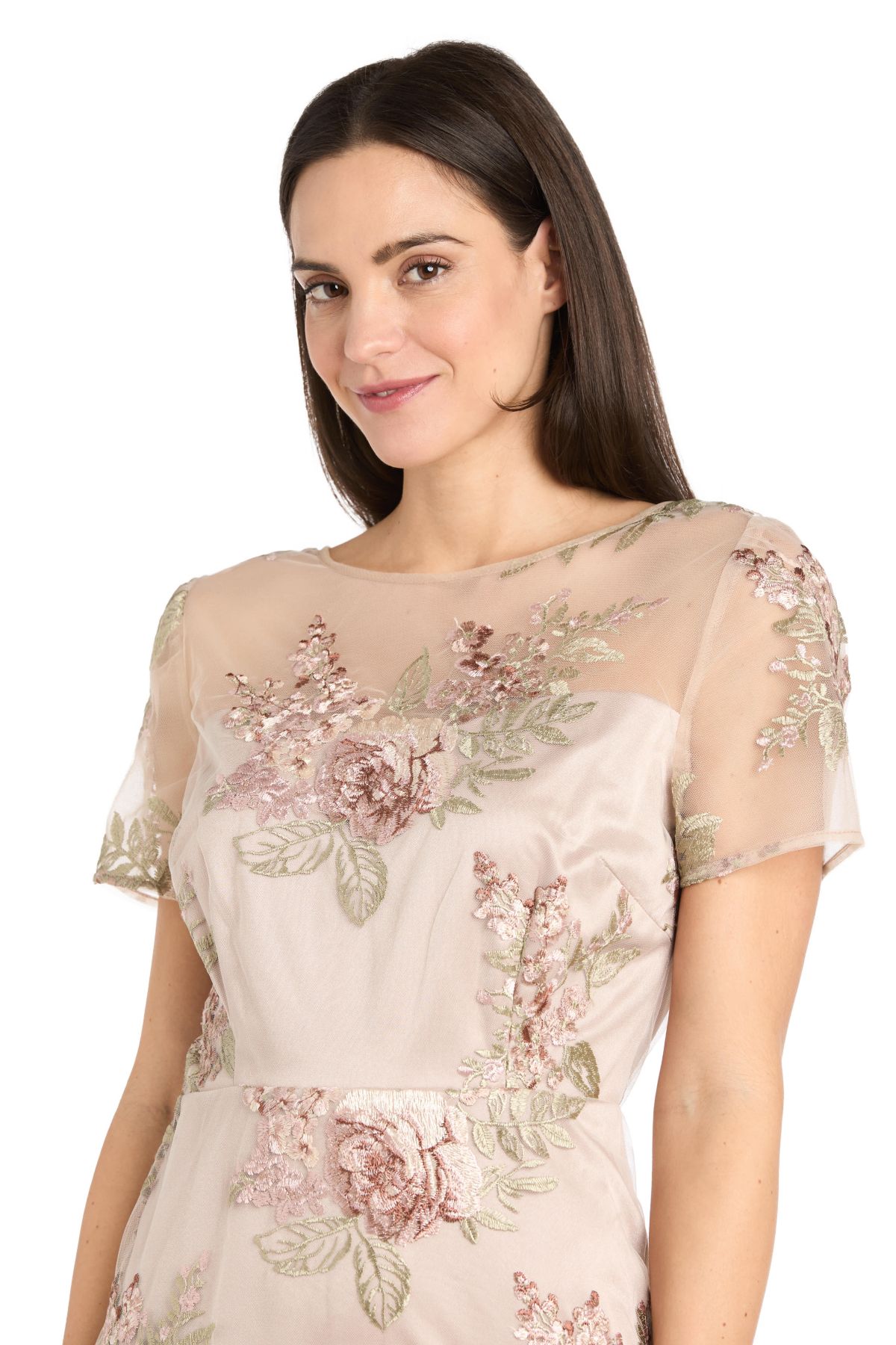 Midi Short Sleeve Floral Embroidered Mesh Dress