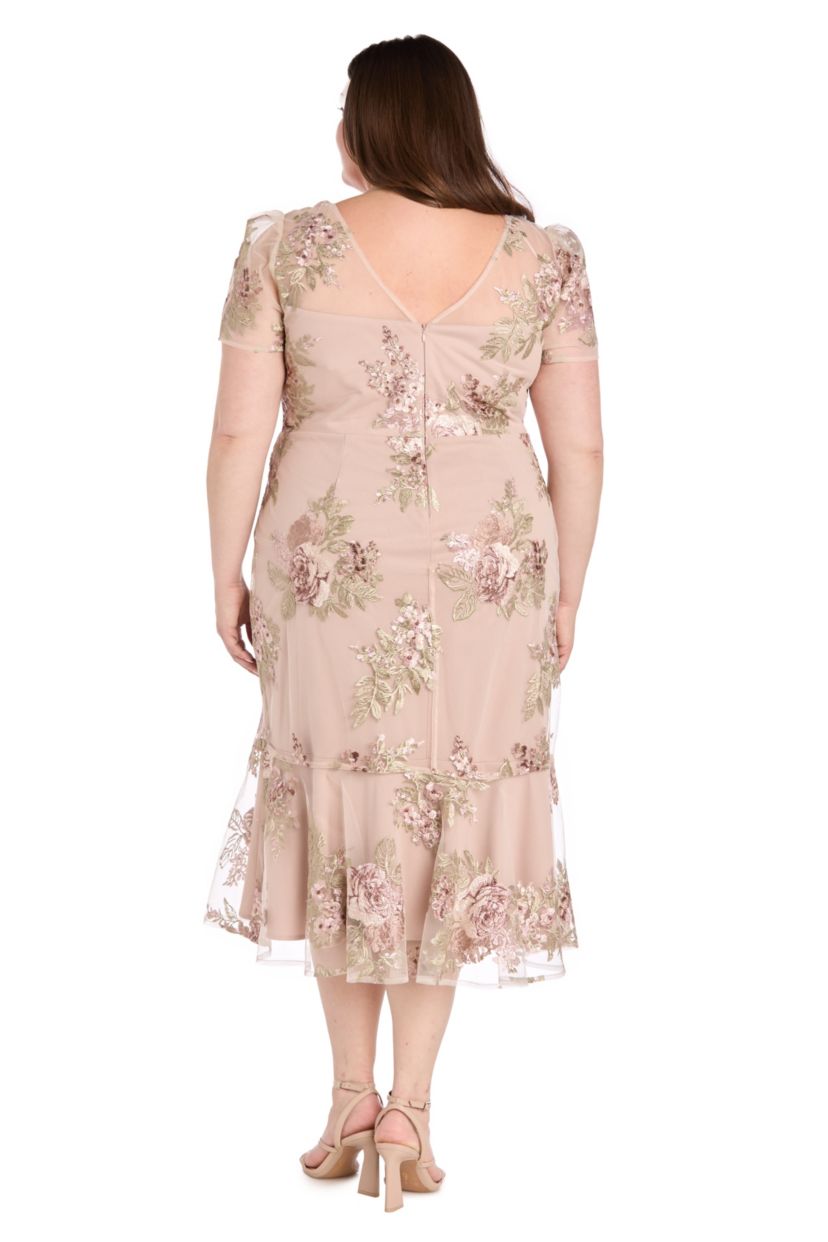 Womens Midi Length Short Sleeve Floral Threadwork Mesh Dress