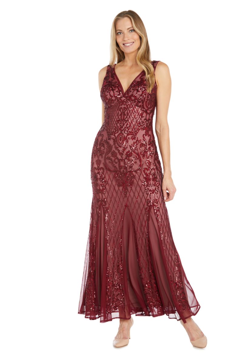 Womens Sleeveless V-Neck Embellished Gown 