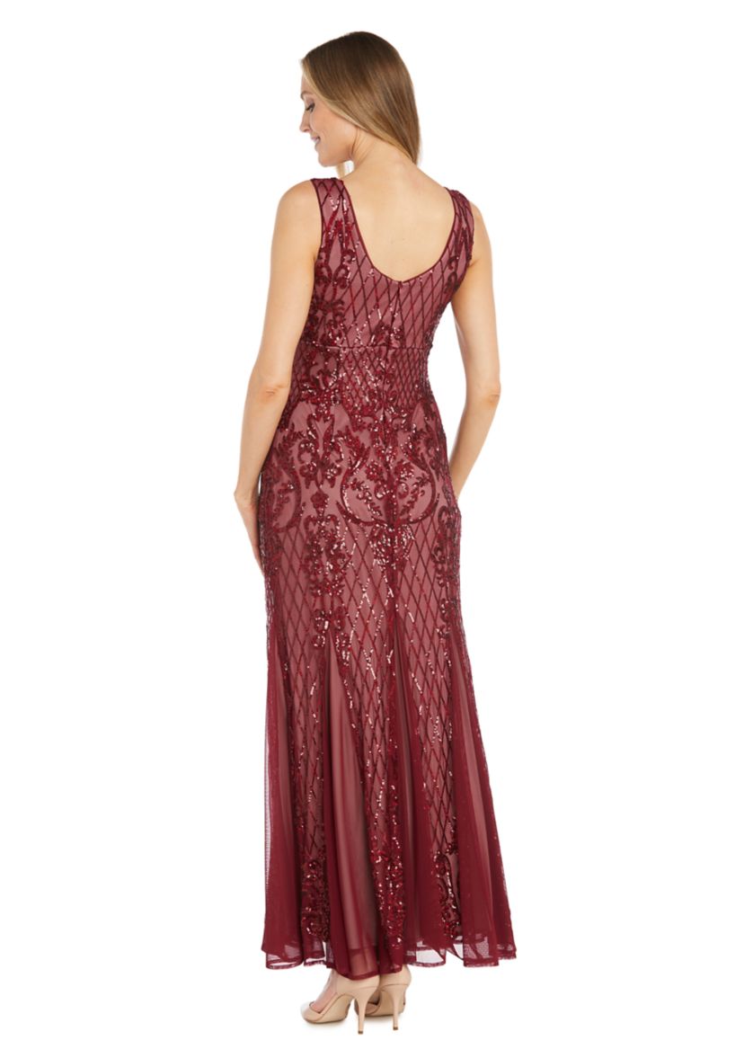 Womens Sleeveless V-Neck Embellished Gown 