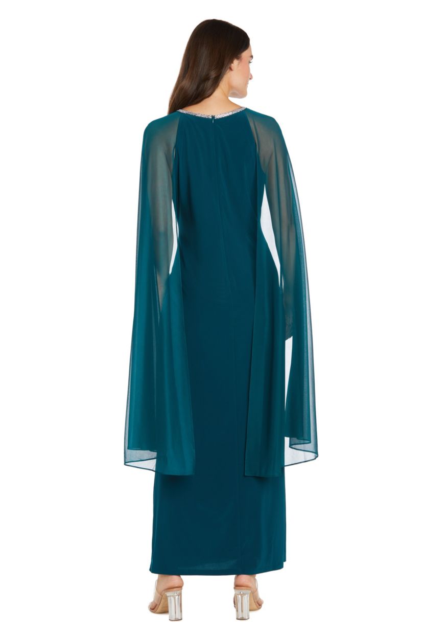 Missy Long Sheath Dress With Beaded Jewel Neckline And Long Cape