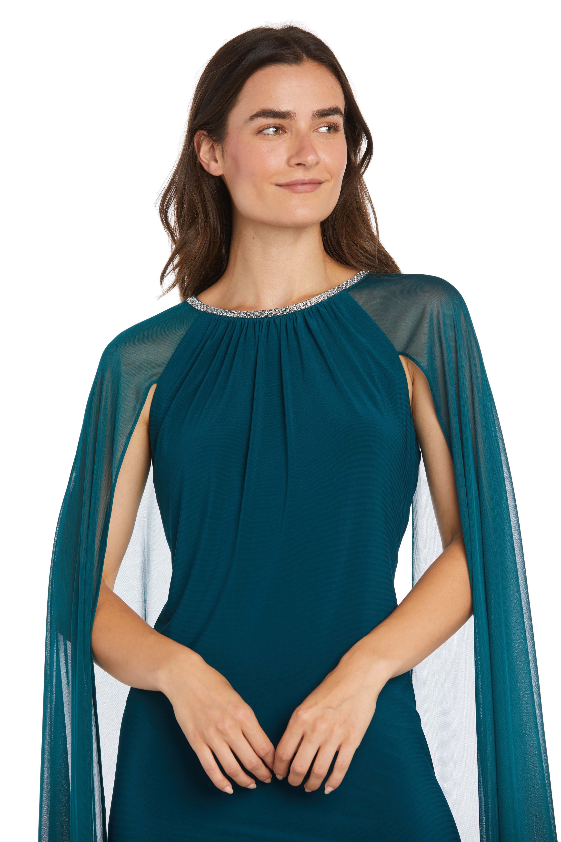 Missy Long Sheath Dress With Beaded Jewel Neckline And Long Cape