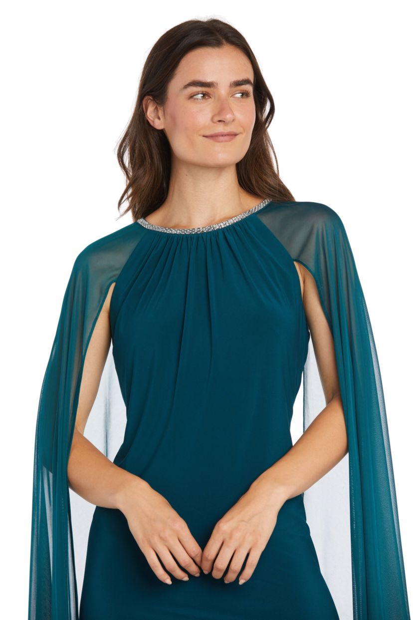 Missy Long Sheath Dress With Beaded Jewel Neckline And Long Cape