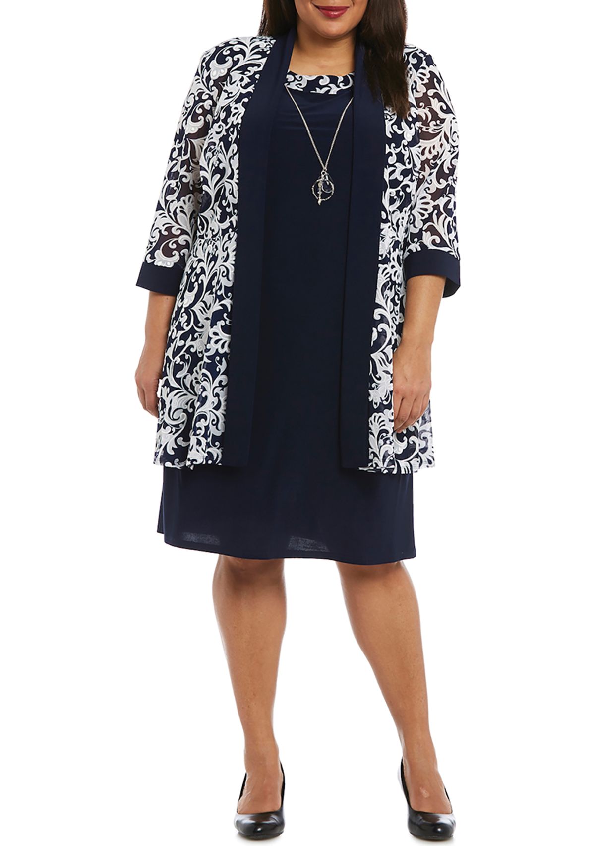 Plus Size 2 Piece Printed Jacket Over Solid Shift Dress
