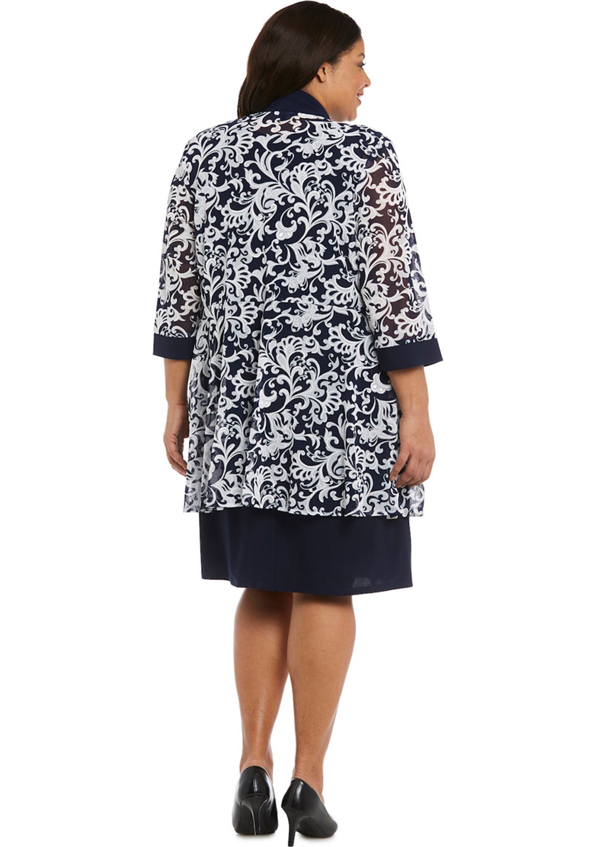 Plus Size 2 Piece Printed Jacket Over Solid Shift Dress