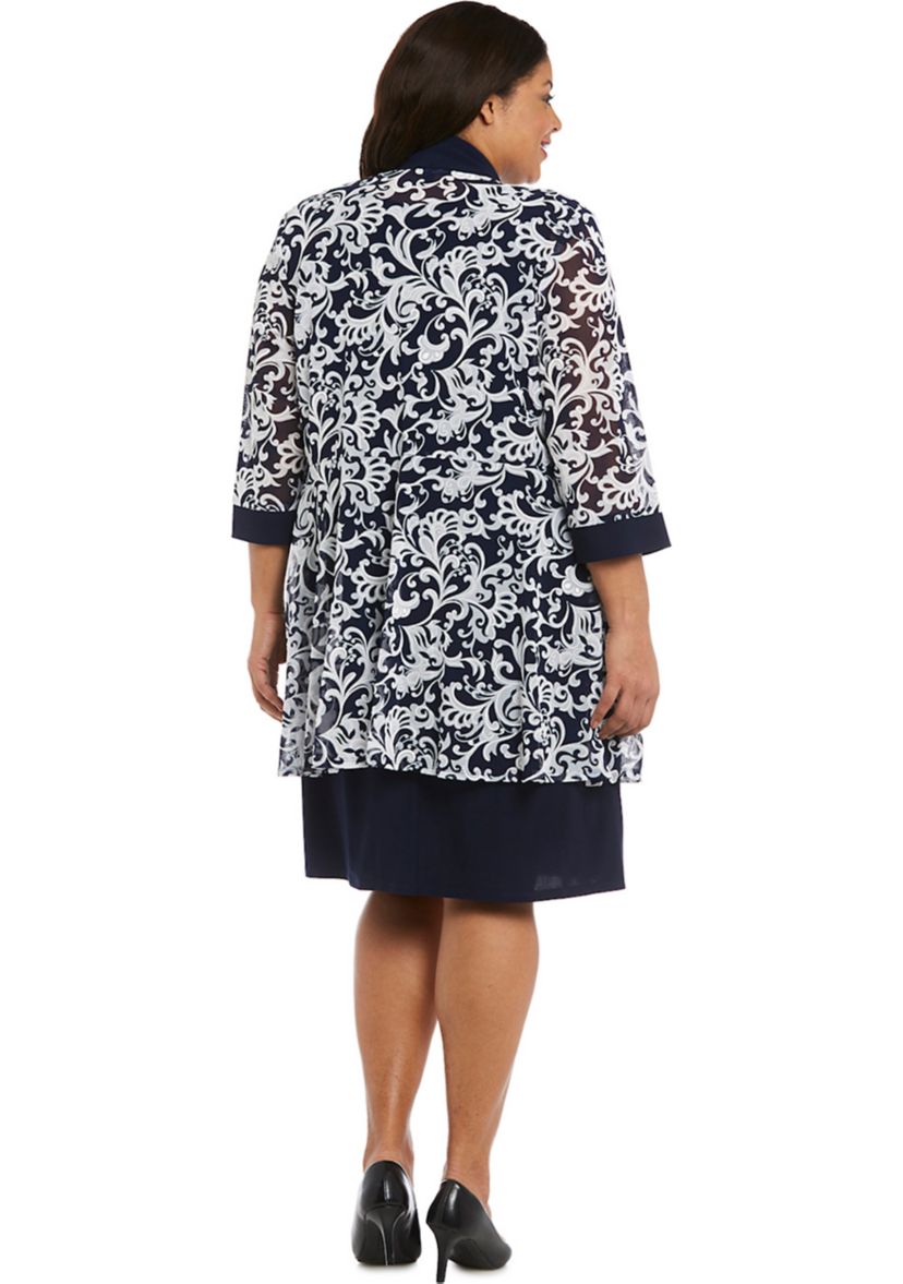 Plus Size 2 Piece Printed Jacket Over Solid Shift Dress