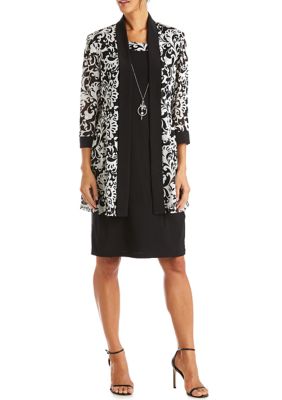 Women's 2 Piece Printed Jacket Over Solid Shift Dress