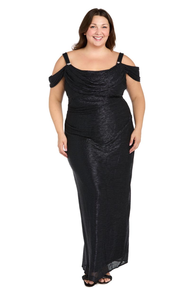 Long Crinkle Pleated Dress With Draped Cowl Neckline And Cold Shoulder Sleeve