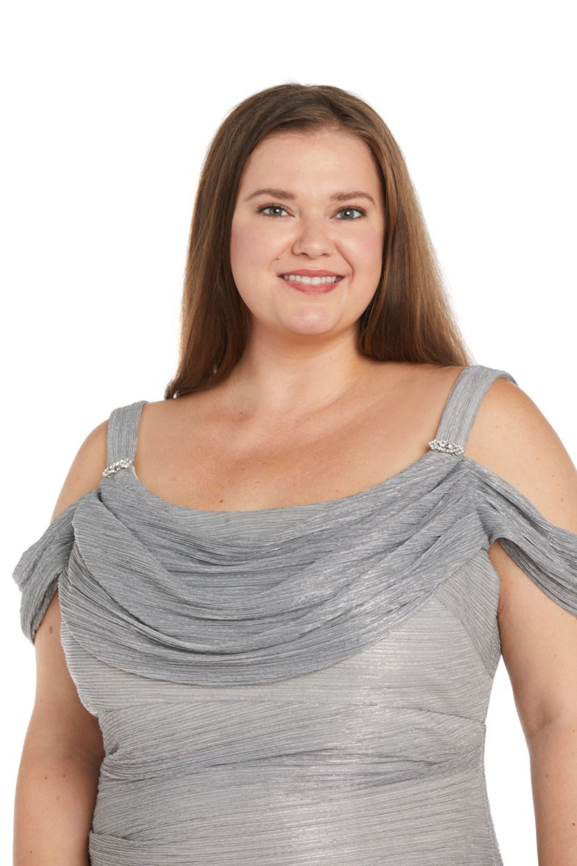 Long Crinkle Pleated Dress With Draped Cowl Neckline And Cold Shoulder Sleeve