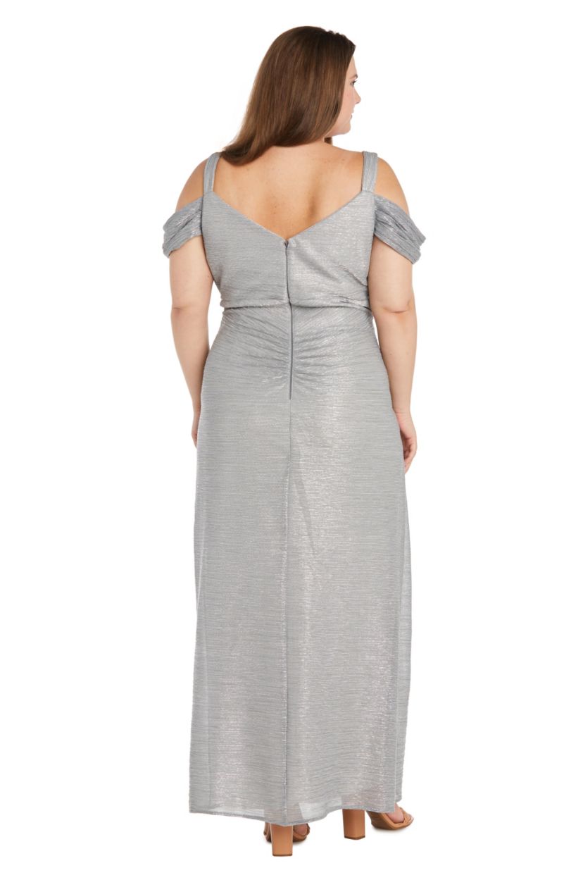 Long Crinkle Pleated Dress With Draped Cowl Neckline And Cold Shoulder Sleeve