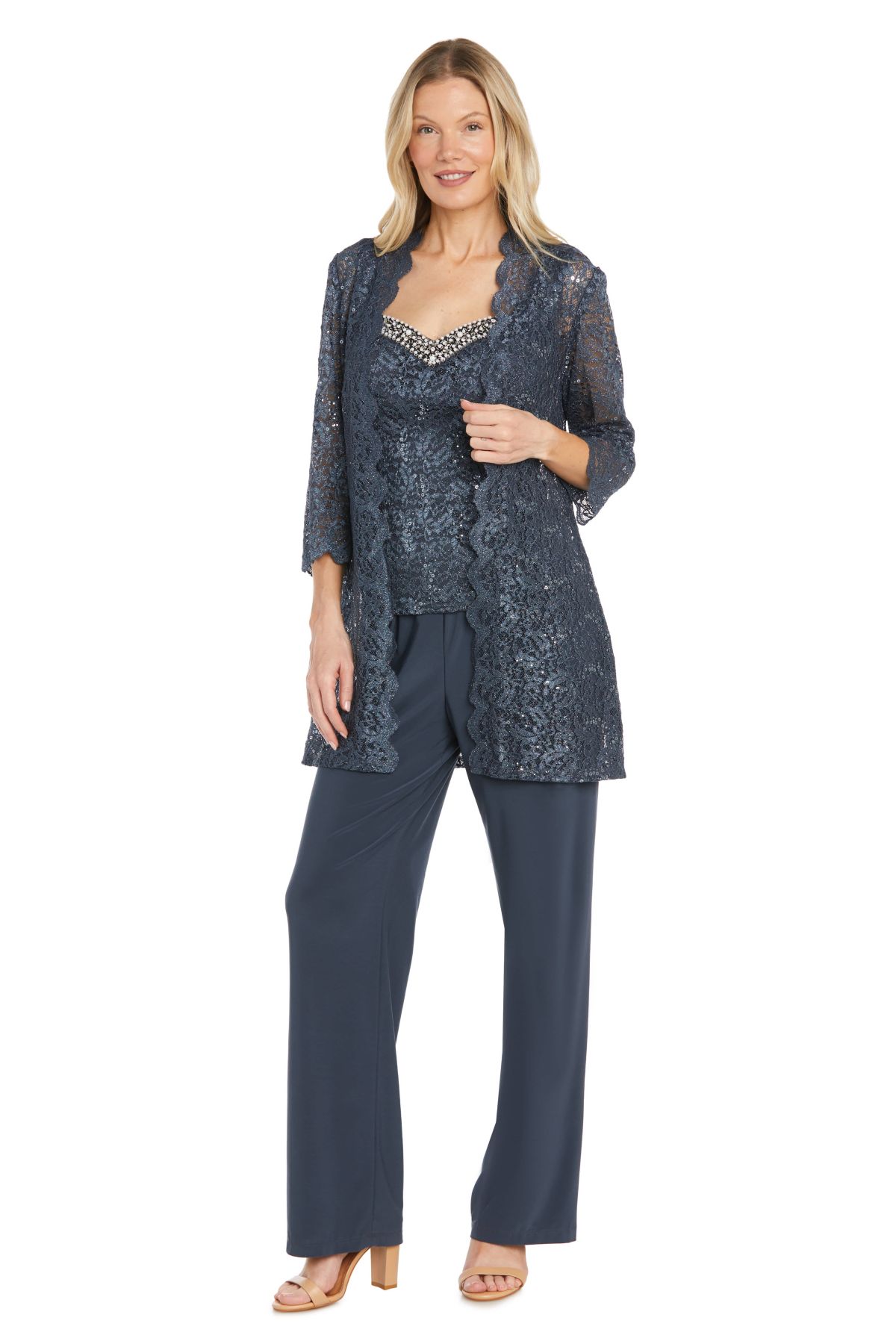 Missy 3pc Scallop Lace Pantsuit With V Beaded Neckline