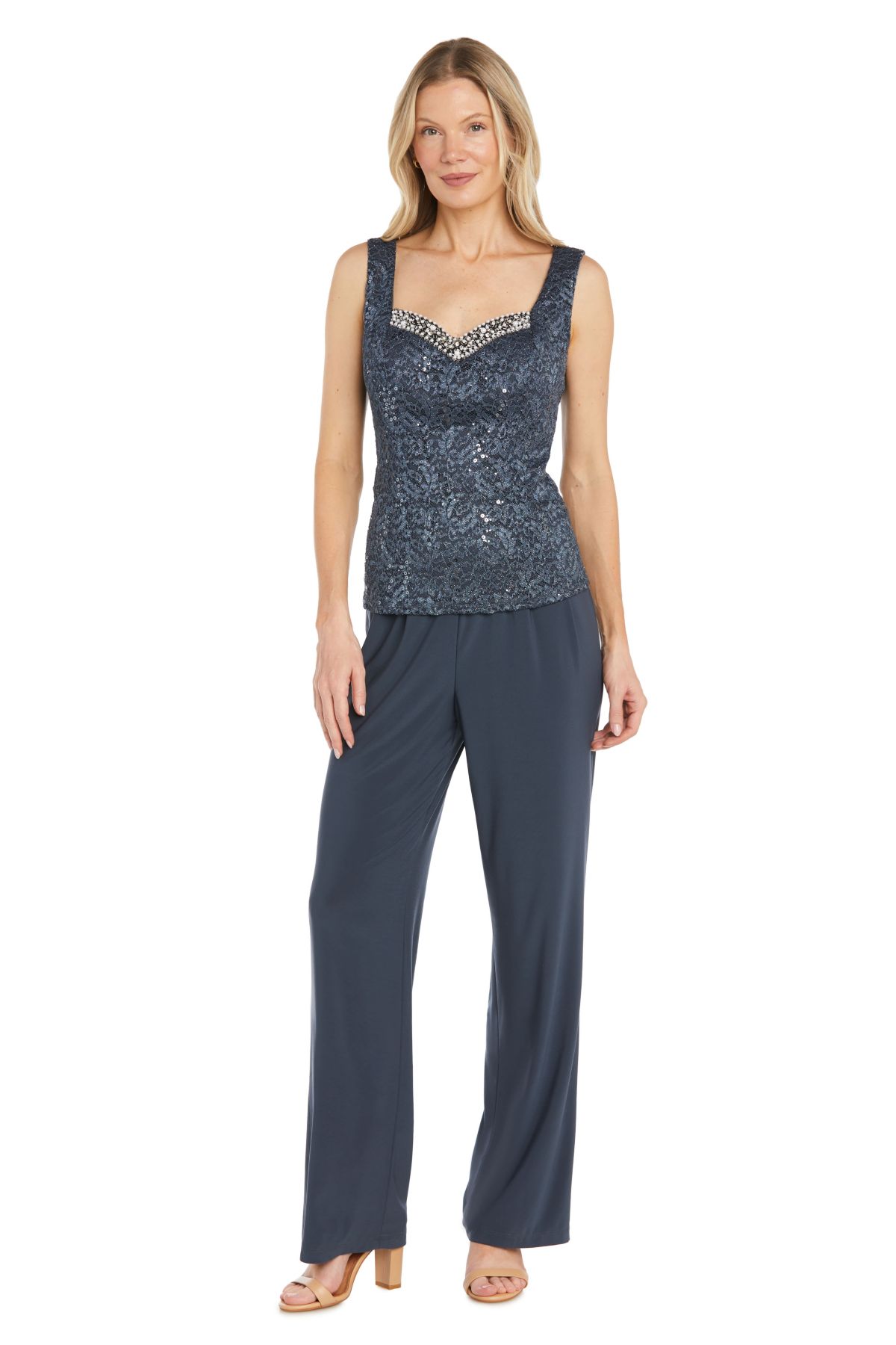 Missy 3pc Scallop Lace Pantsuit With V Beaded Neckline