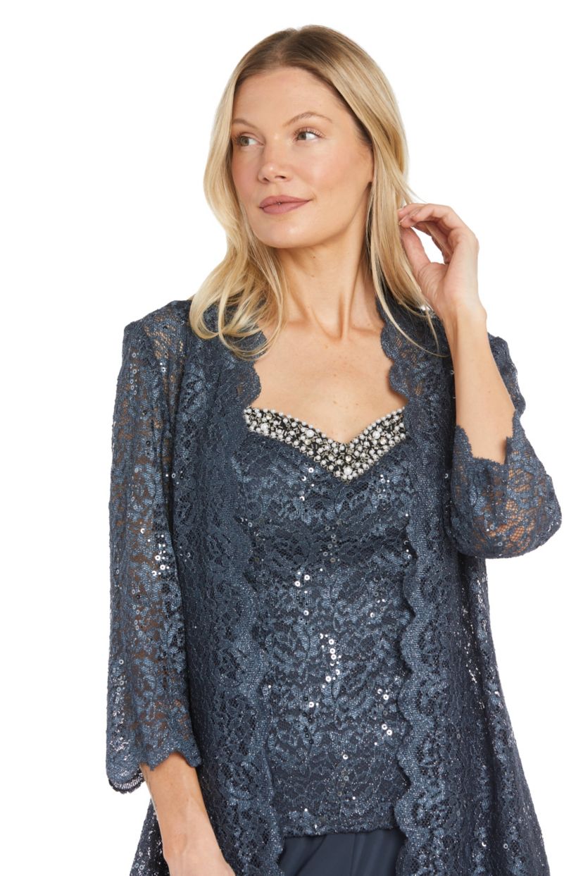 Missy 3pc Scallop Lace Pantsuit With V Beaded Neckline