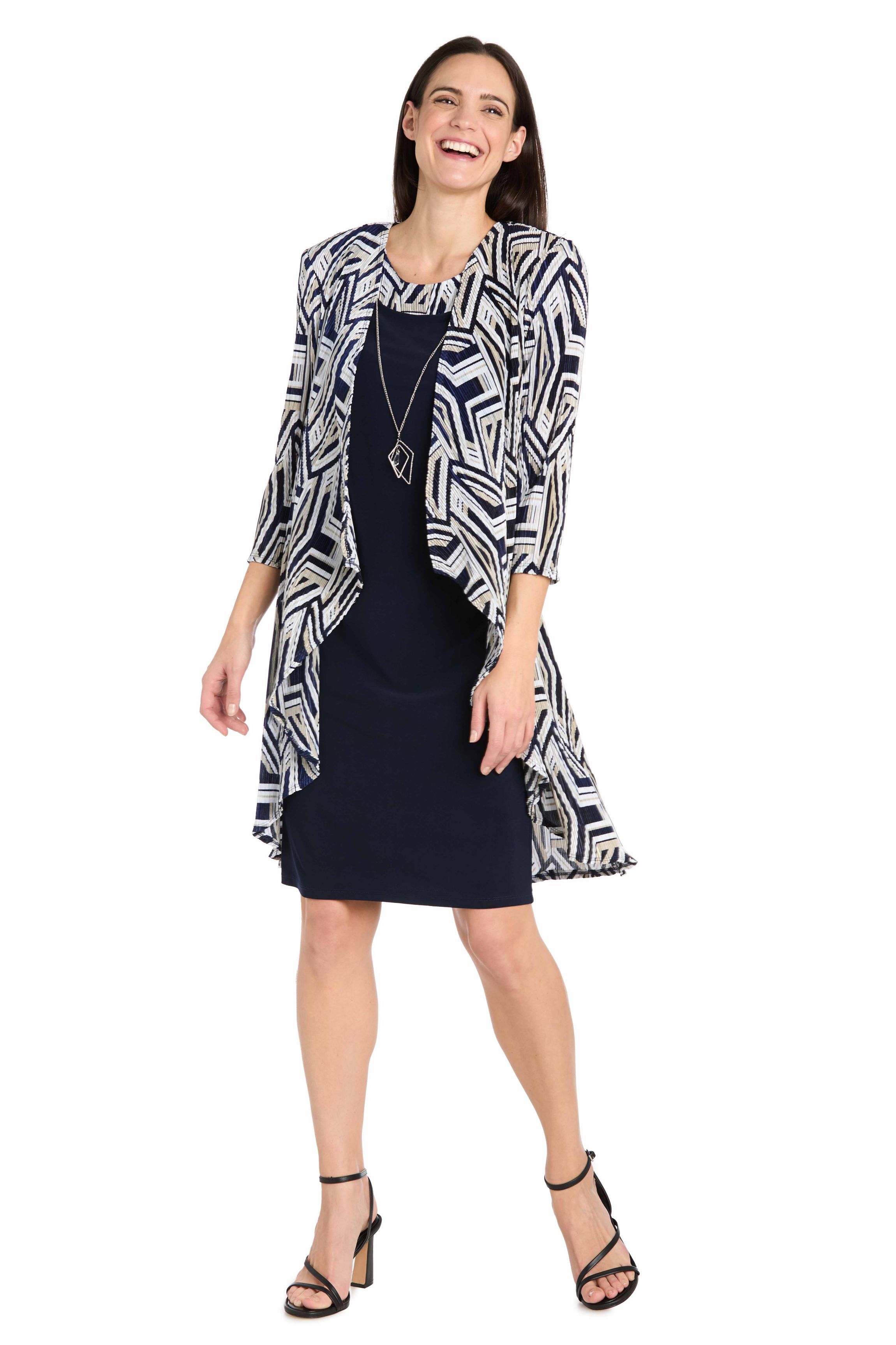 2Pc Geo Printed Crinkle Flyaway Jacket Dress With Detachable Necklace