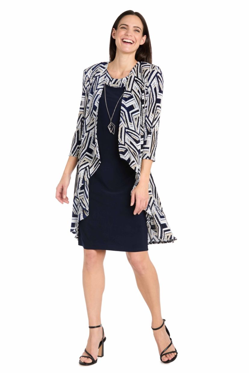 2Pc Geo Printed Crinkle Flyaway Jacket Dress With Detachable Necklace