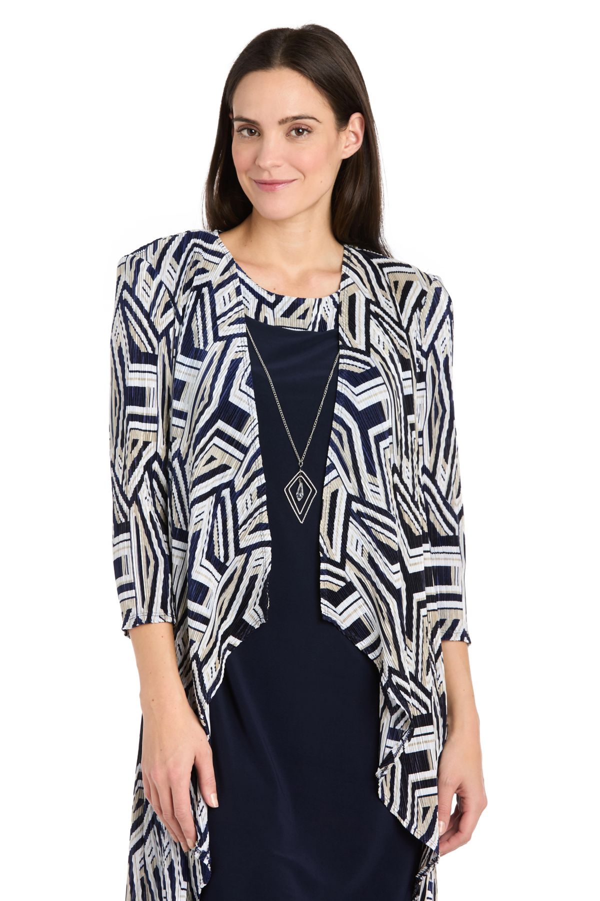 2Pc Geo Printed Crinkle Flyaway Jacket Dress With Detachable Necklace