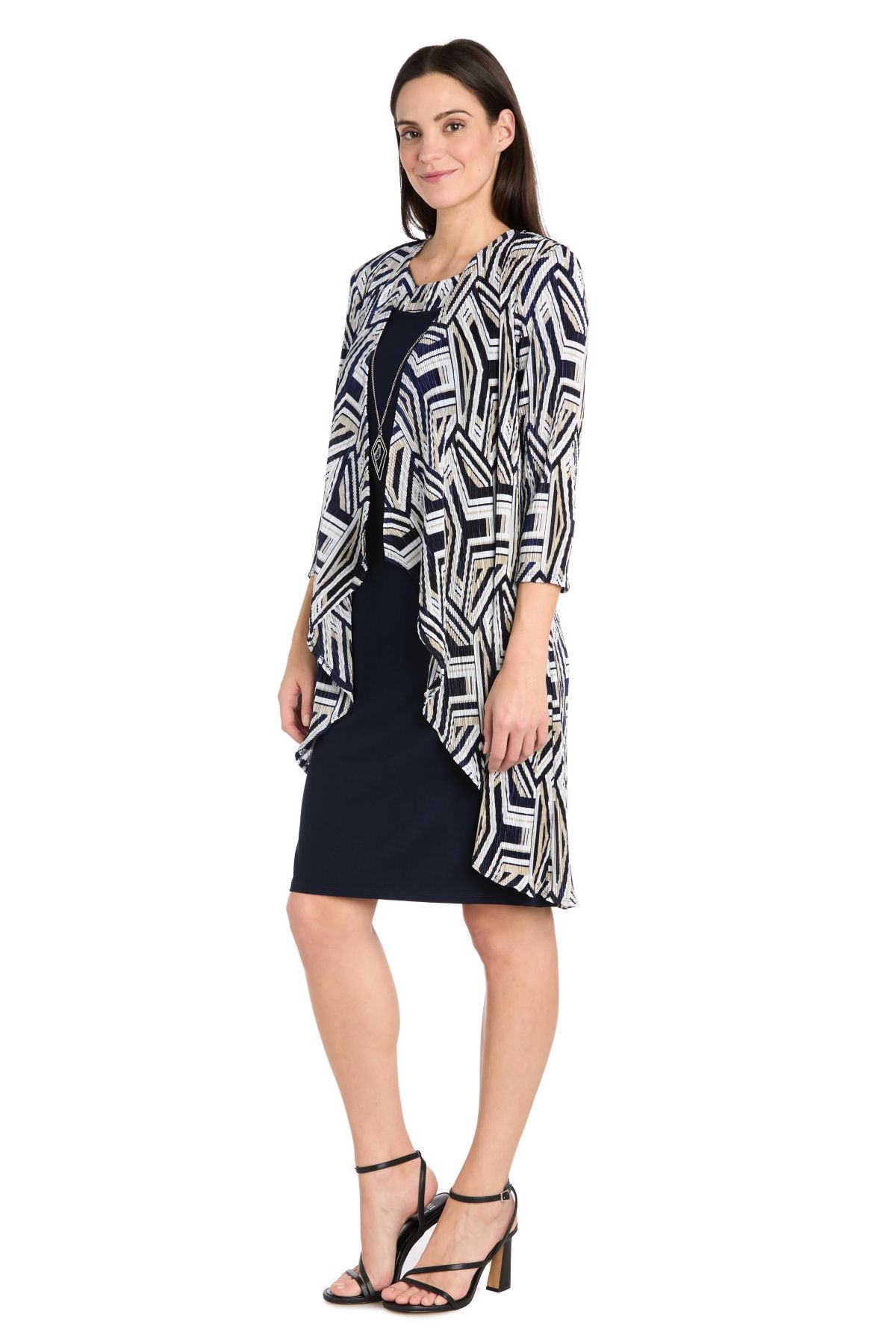 2Pc Geo Printed Crinkle Flyaway Jacket Dress With Detachable Necklace