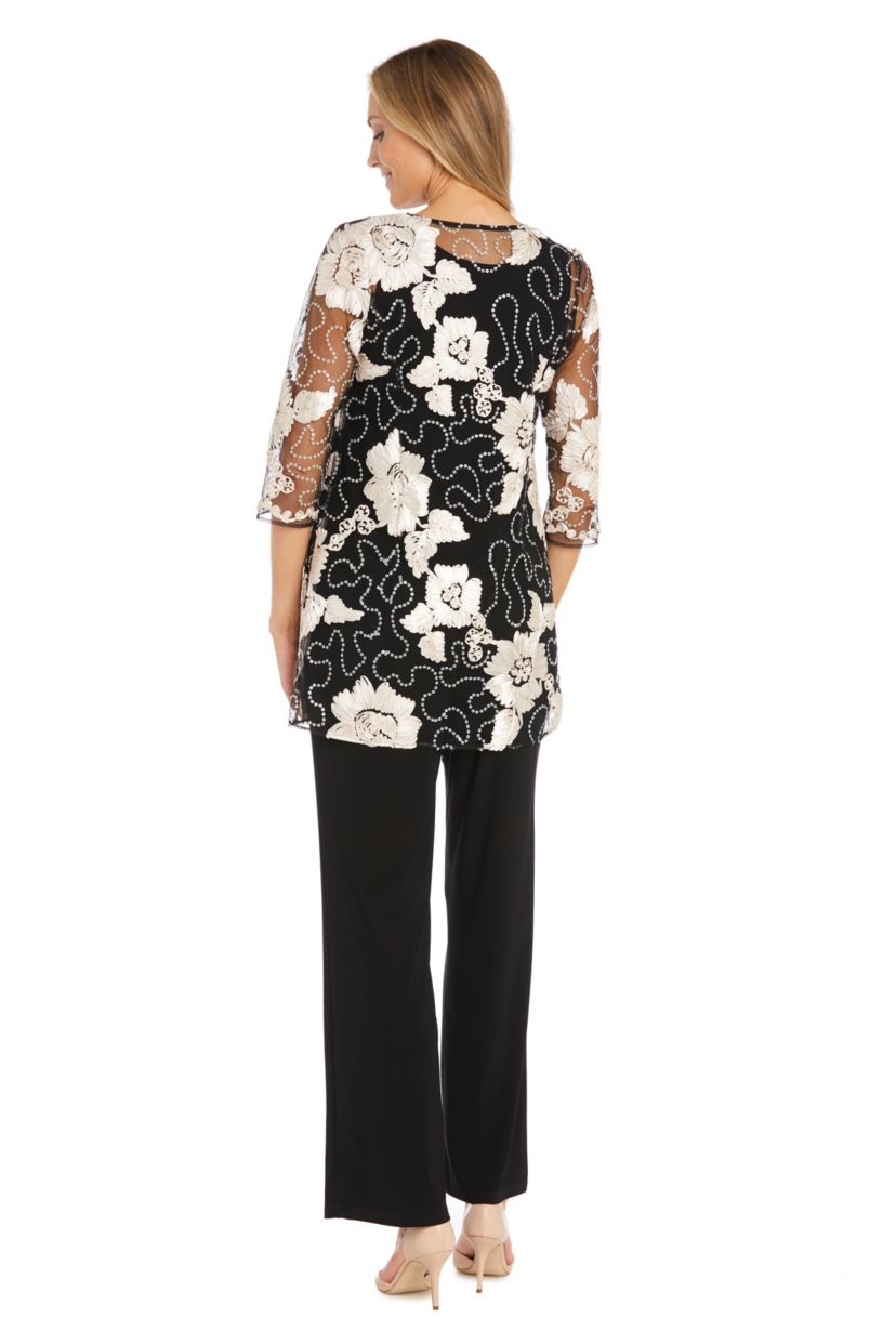 3Pc Pantsuit With Ribbon Soutache Fingertip Cardigan Jacket, Ity Tank With Pull On Pants With Necklace