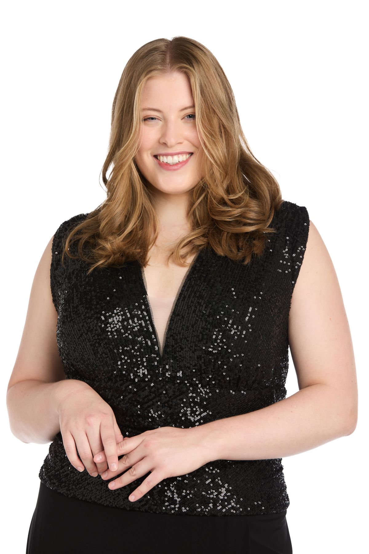 Long Sequin Beaded Mock Dress With V Neckline And Jersey Knit Skirt