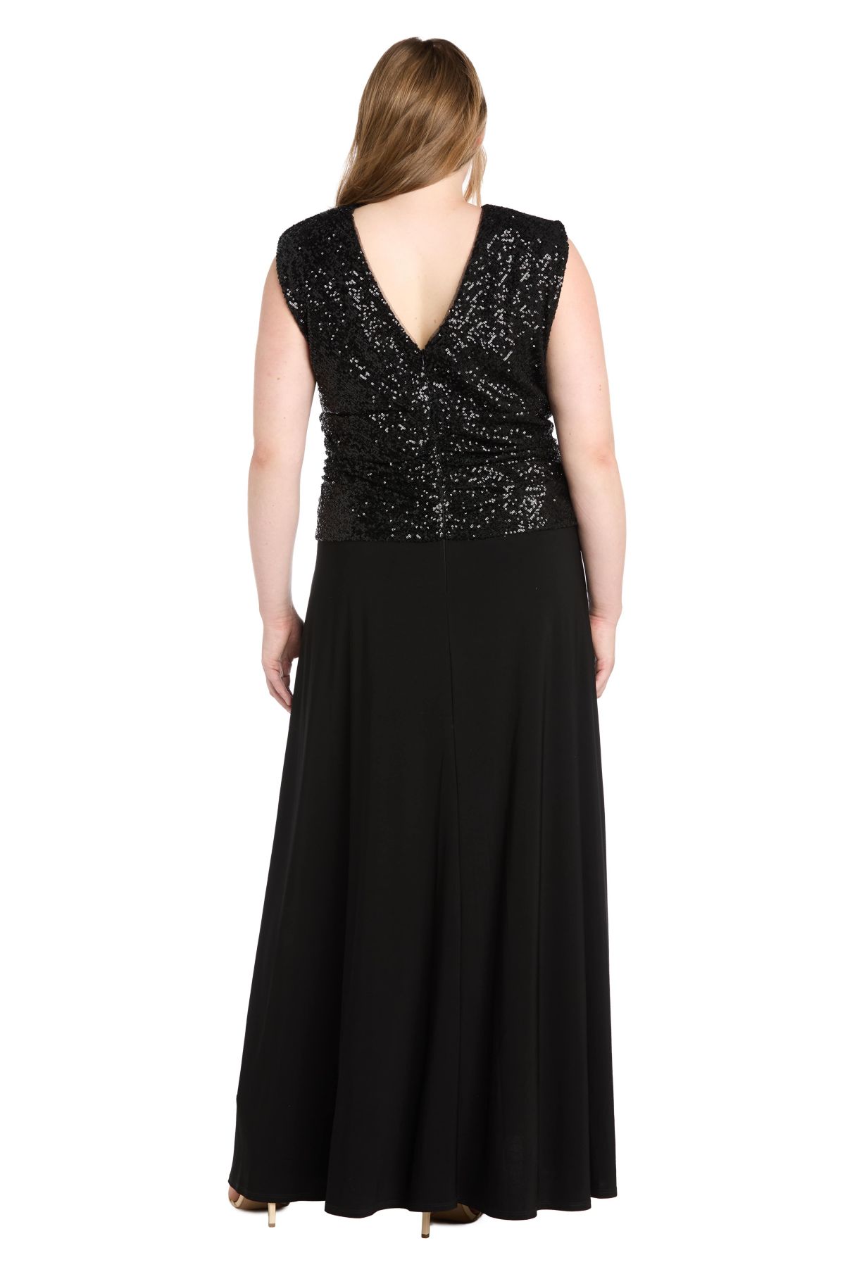 Long Sequin Beaded Mock Dress With V Neckline And Jersey Knit Skirt