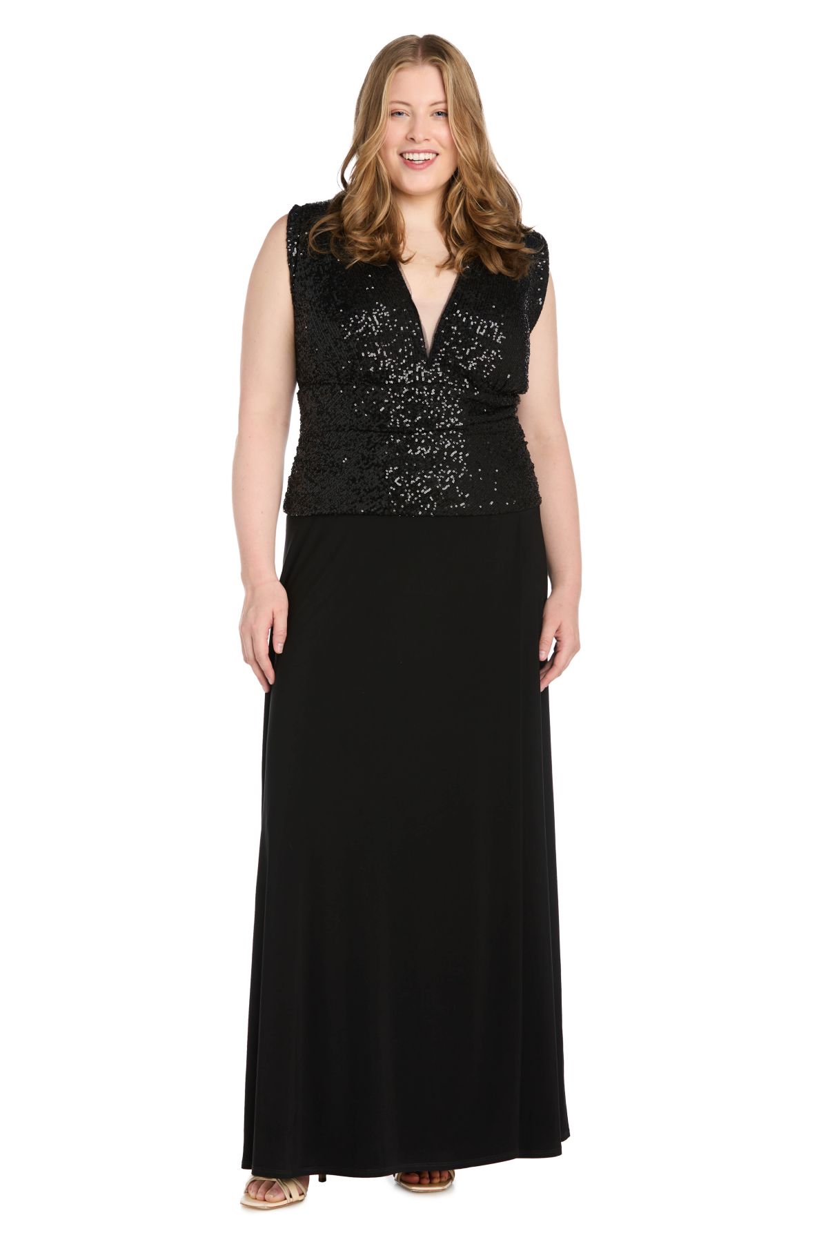 Long Sequin Beaded Mock Dress With V Neckline And Jersey Knit Skirt
