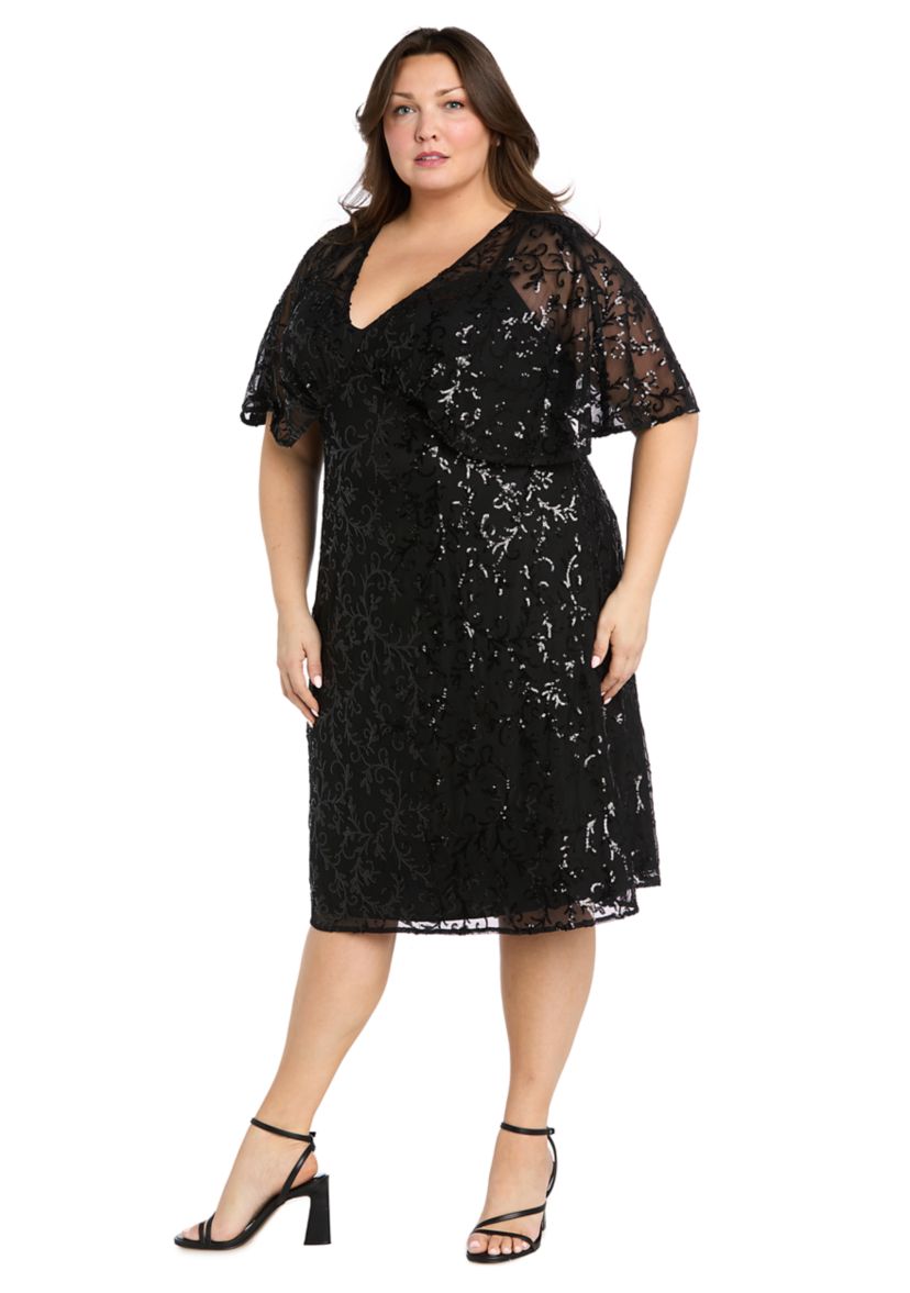 Plus Size Short Sleeve V-Neck Solid Lace A-Line Dress