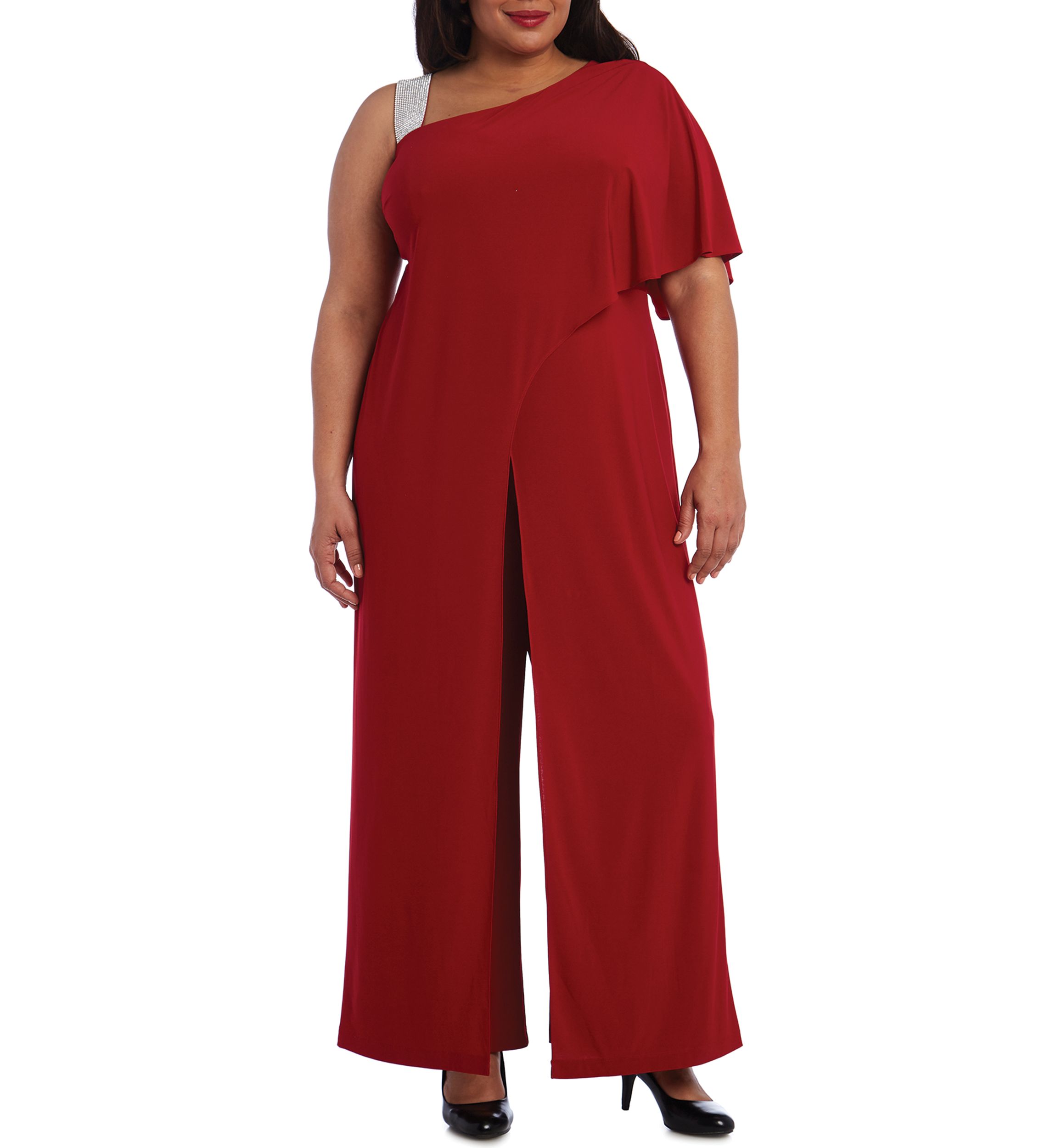 Womens One Shoulder Panel Jumpsuit with Rhinestone Strap