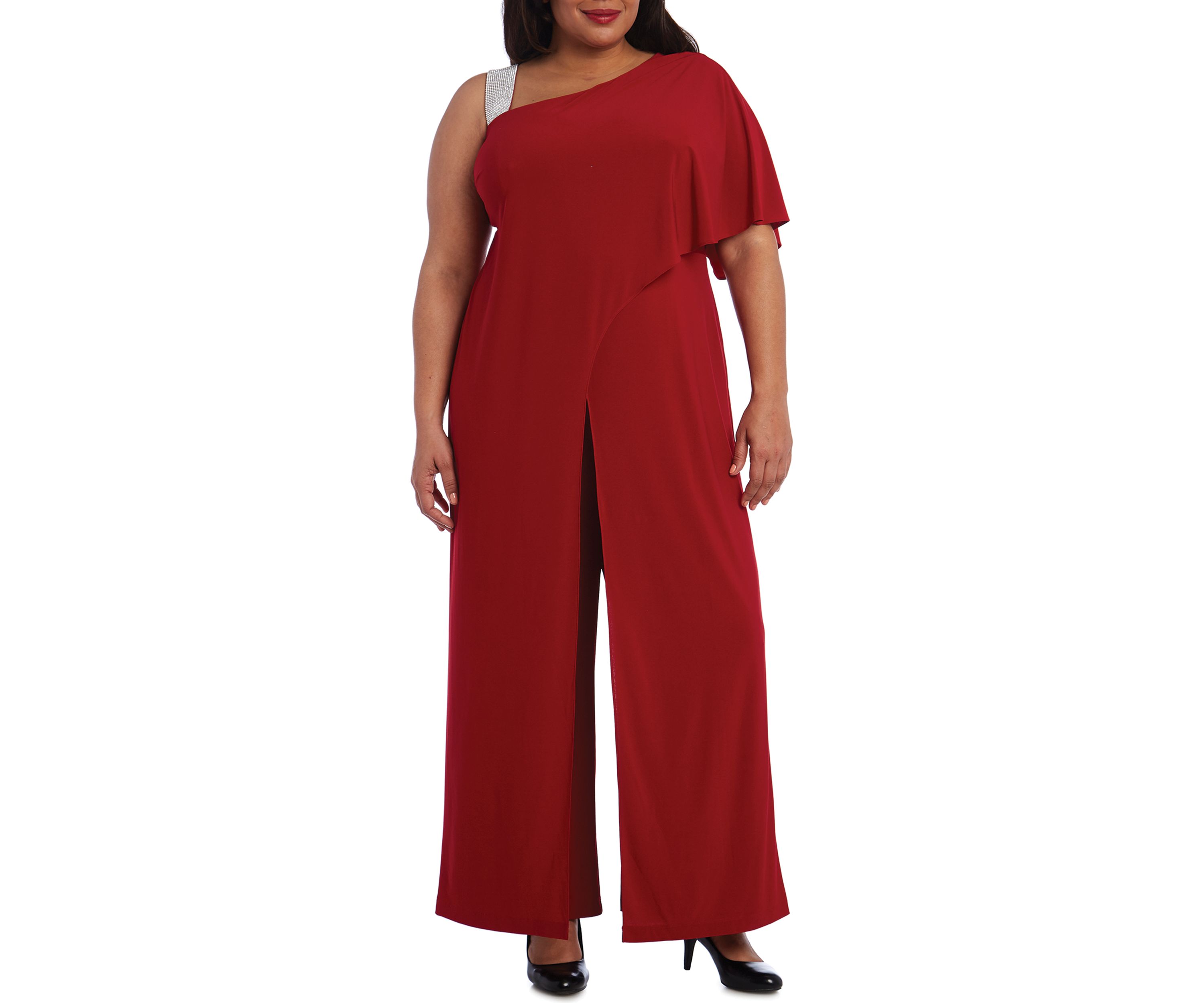 Womens One Shoulder Panel Jumpsuit with Rhinestone Strap