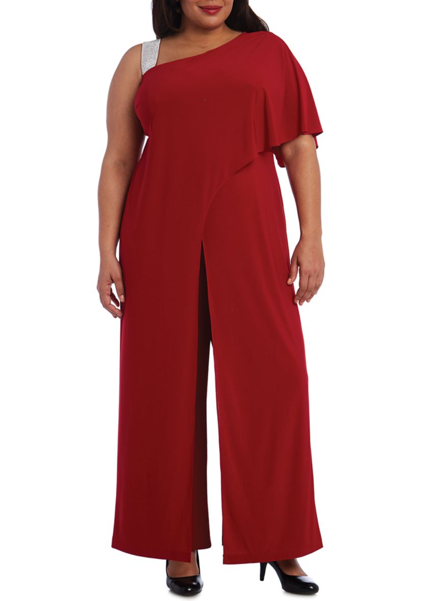 Womens One Shoulder Panel Jumpsuit with Rhinestone Strap