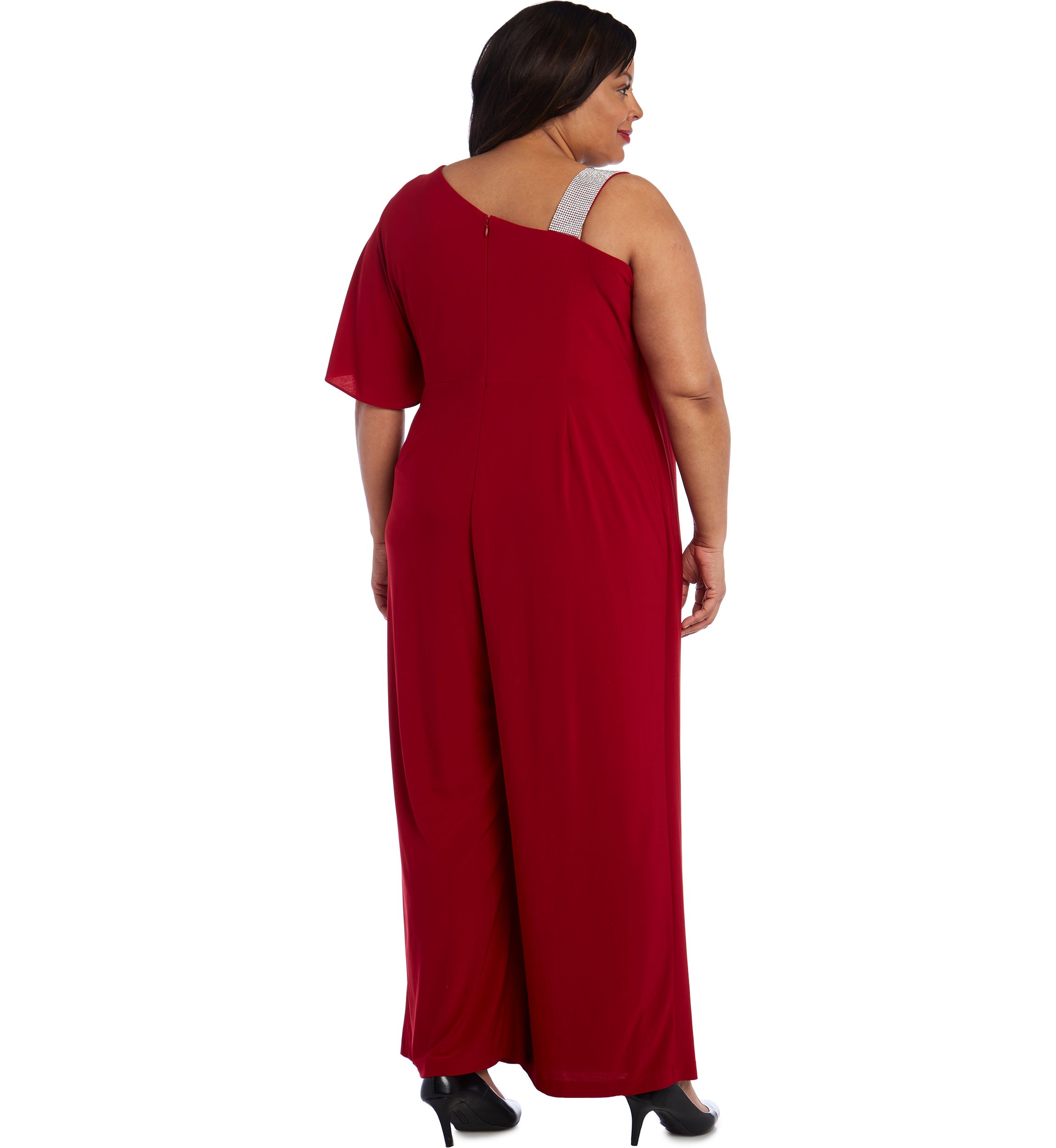 Womens One Shoulder Panel Jumpsuit with Rhinestone Strap