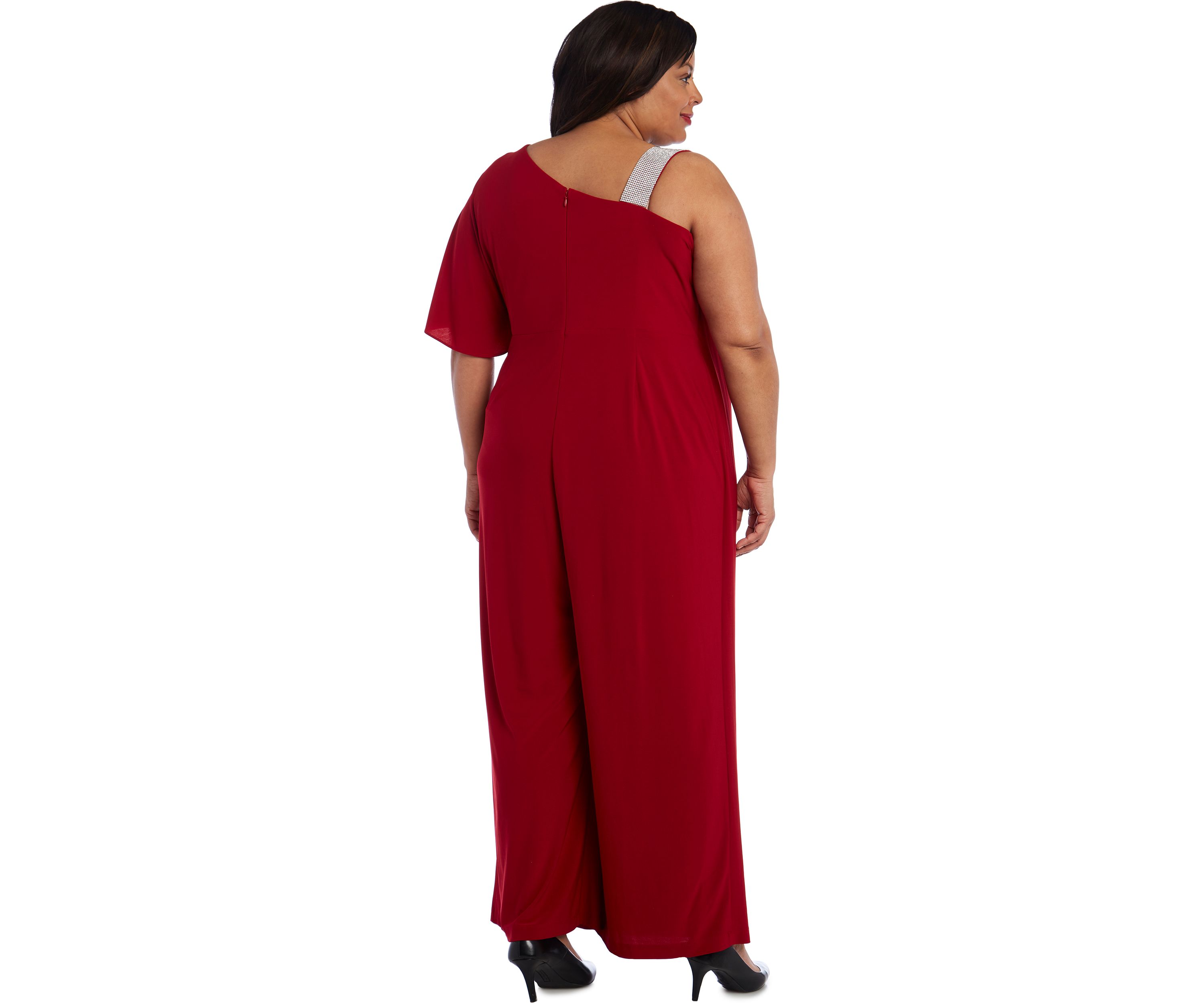Womens One Shoulder Panel Jumpsuit with Rhinestone Strap