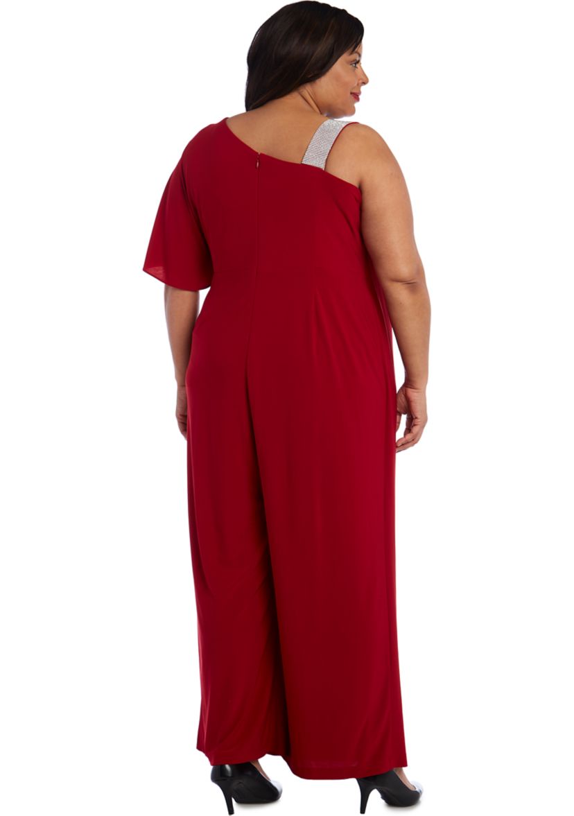 Womens One Shoulder Panel Jumpsuit with Rhinestone Strap
