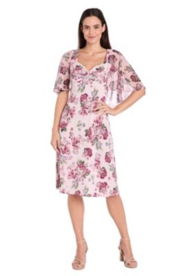 R & M Richards Women's 1Pc Puff Print Jersey and Mesh Capelet Dress, Pink, 10