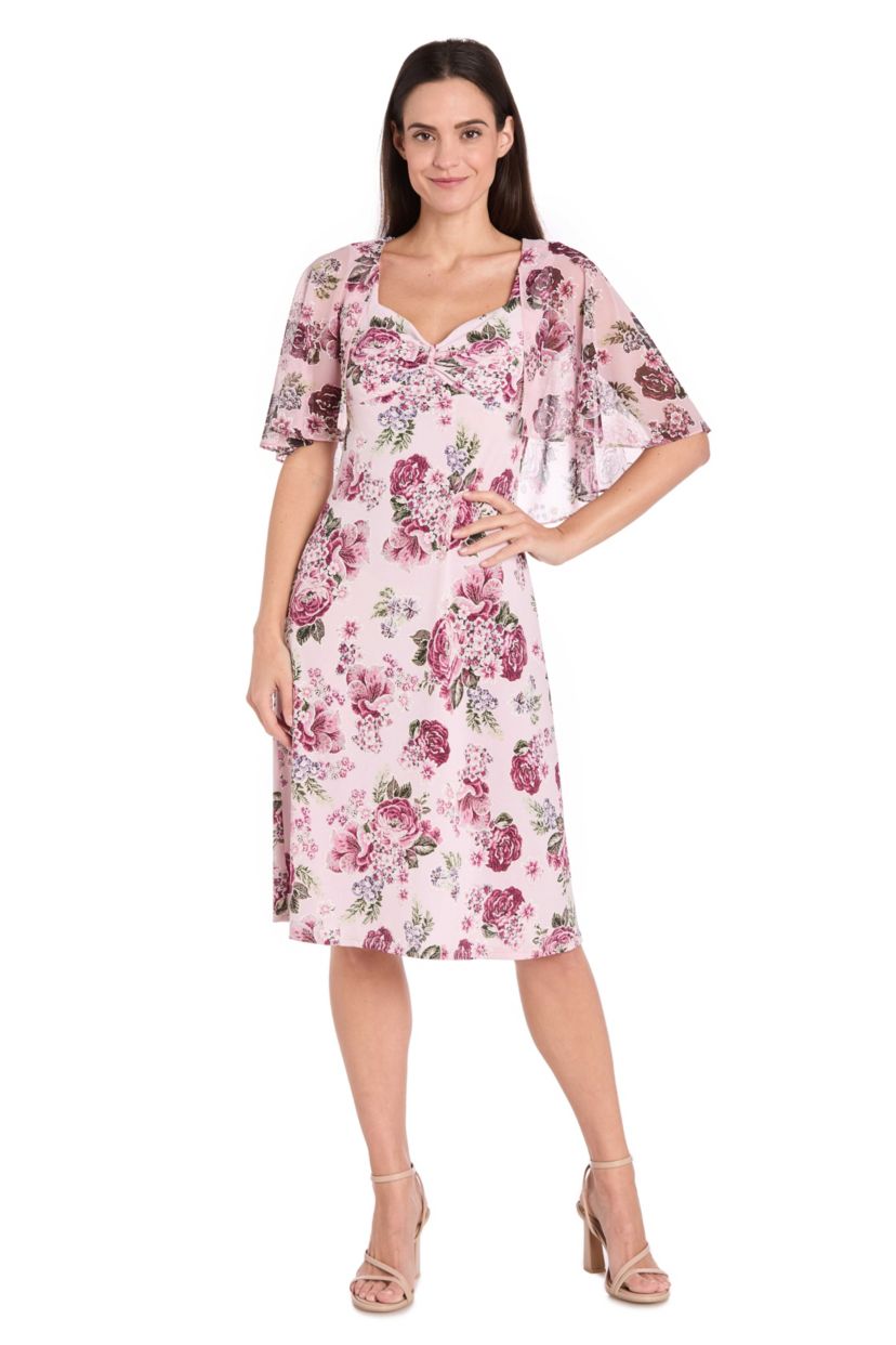 1Pc Puff Print Jersey and Mesh Capelet Dress