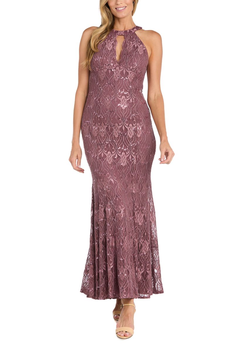 R & M Richards Women's Sequin Lace Keyhole Halter Gown - Dark Rose - 14