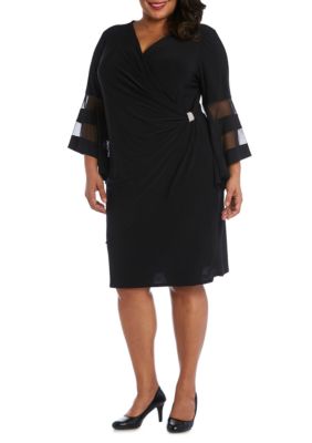 Plus Sheer Trim Angel Sleeve Wrap Dress