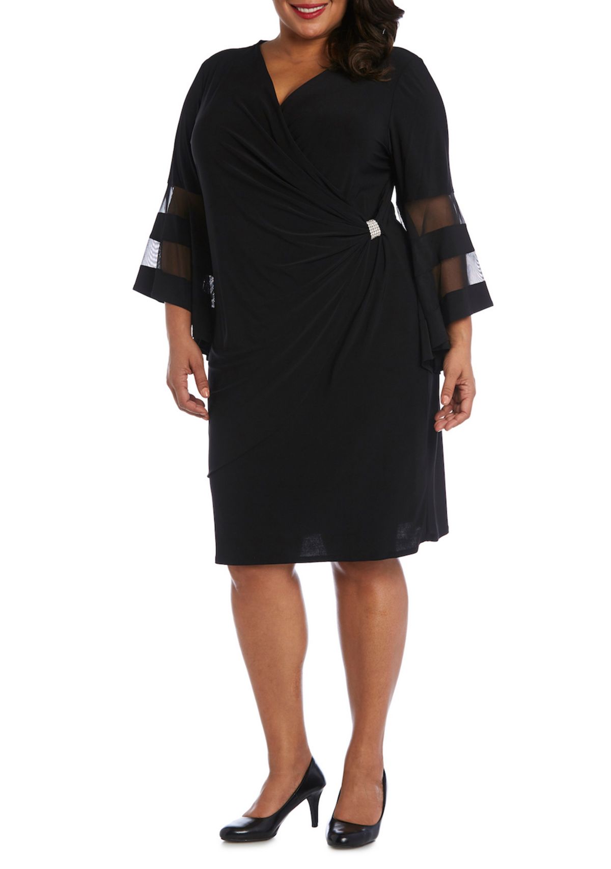 Plus Size Sheer Trim Angel Sleeve Wrap Dress